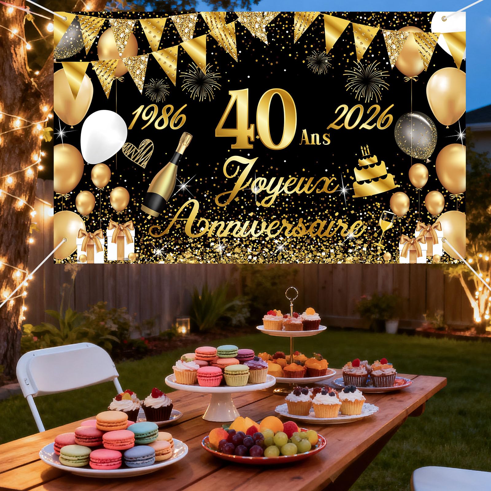 Banderole Joyeux Anniversaire 40 Ans Noir Or - Bannière 1.1x1.8m Toile De Fond Fête