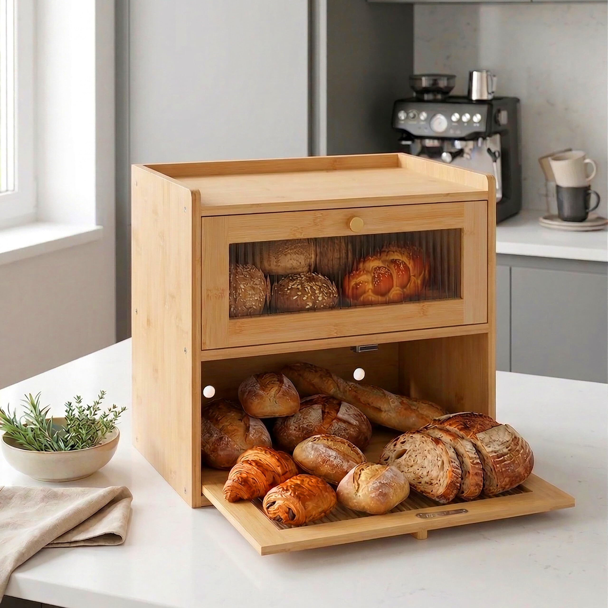 Relaxdays Panera de bambú, 2 estantes, con Ventana, Puertas abatibles, Altura 34 x 36,5 x 24 cm, Color Natural