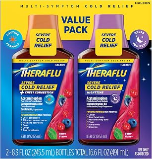 Theraflu Severe Cold & Cough Daytime & Nighttime Syrup, Berry Flavor, 8.3oz x2 - Max Strength Relief for Cough, Fever, Sore Throat