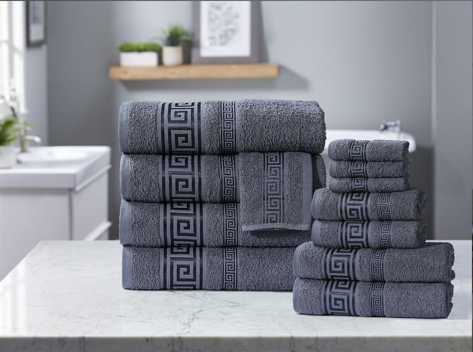 StyleMyBedroom 100% Cotton Towels Super Soft Absorbent 500 GSM with Viscose Greek Border (Grey,Bath Towel)