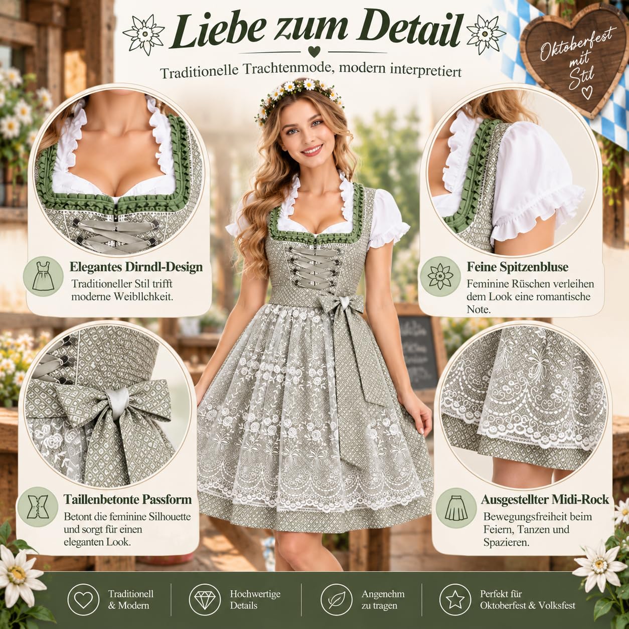 Generisch Dirndl Damen Oktoberfest Damen Outfit Midi Dirndlkleid Trachtenkleid Oktoberfest Dirndl Kleidung Trachtenmode Kleid Schlicht Tracht Dirndlkleid Schürze Spitze Kleid Knielang Dirndlschürze