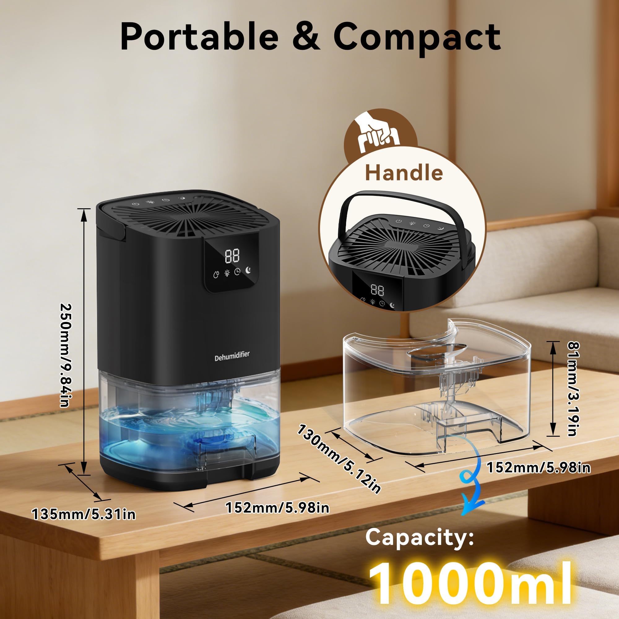Deumidificatore, 350 mq, piccolo deumidificatore per la casa, display silenzioso con spegnimento automatico, deumidificatori per camera da letto, bagno, armadio, camper