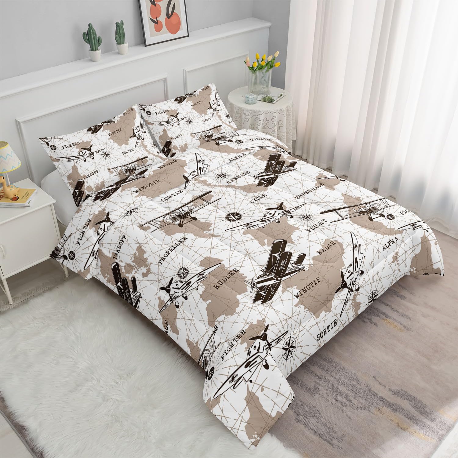 Datura home Airplane Comforter Sets for Boys Kids,Map for Background Fighter Printed,Duvet 3Pcs in Bedding Sets with 1 Comforter and 2 Pillowcases(White Brown Twin)