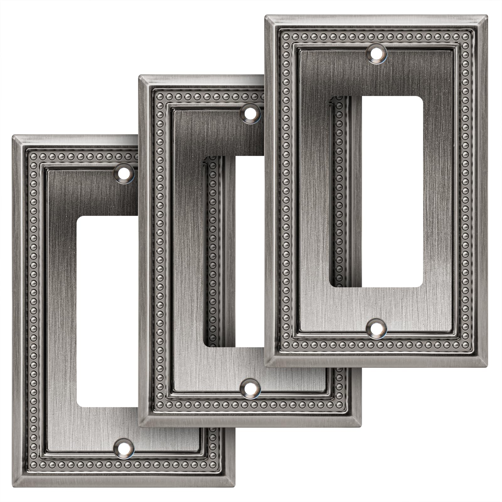 Henne Bery Sunken Pearls Heavy Duty Decorative Wall Plate Switch Plate Outlet Cover (Single Decorator, 3 Pack, Heirloom Silver)