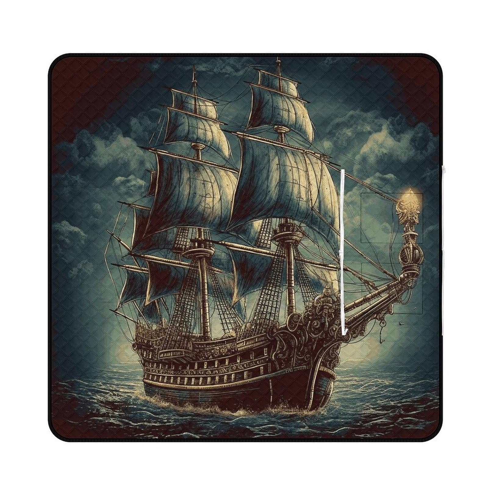 Nautical Vintage Sailing Pirate Ship Picnic Mat 200x200cm Extra Large Picnic Blanket with Zipper Waterproof Sandproof Beach Blanket Portable Beach Mat Foldable Camping Blankets for Park Grass Lawn Tra