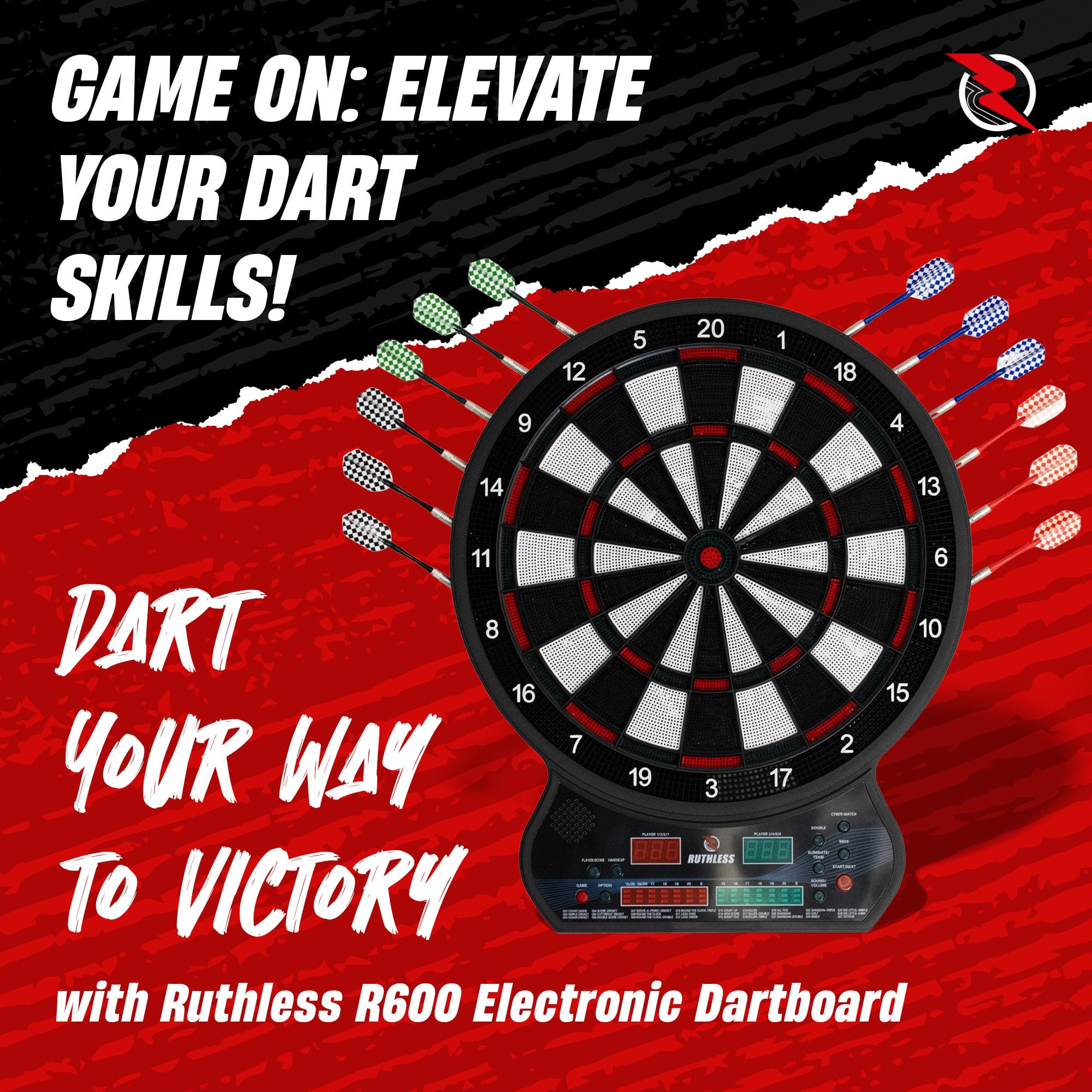 Ruthless R600 Cible de fléchettes électronique Pointe souple 4 jeux 8 joueurs 27 jeux