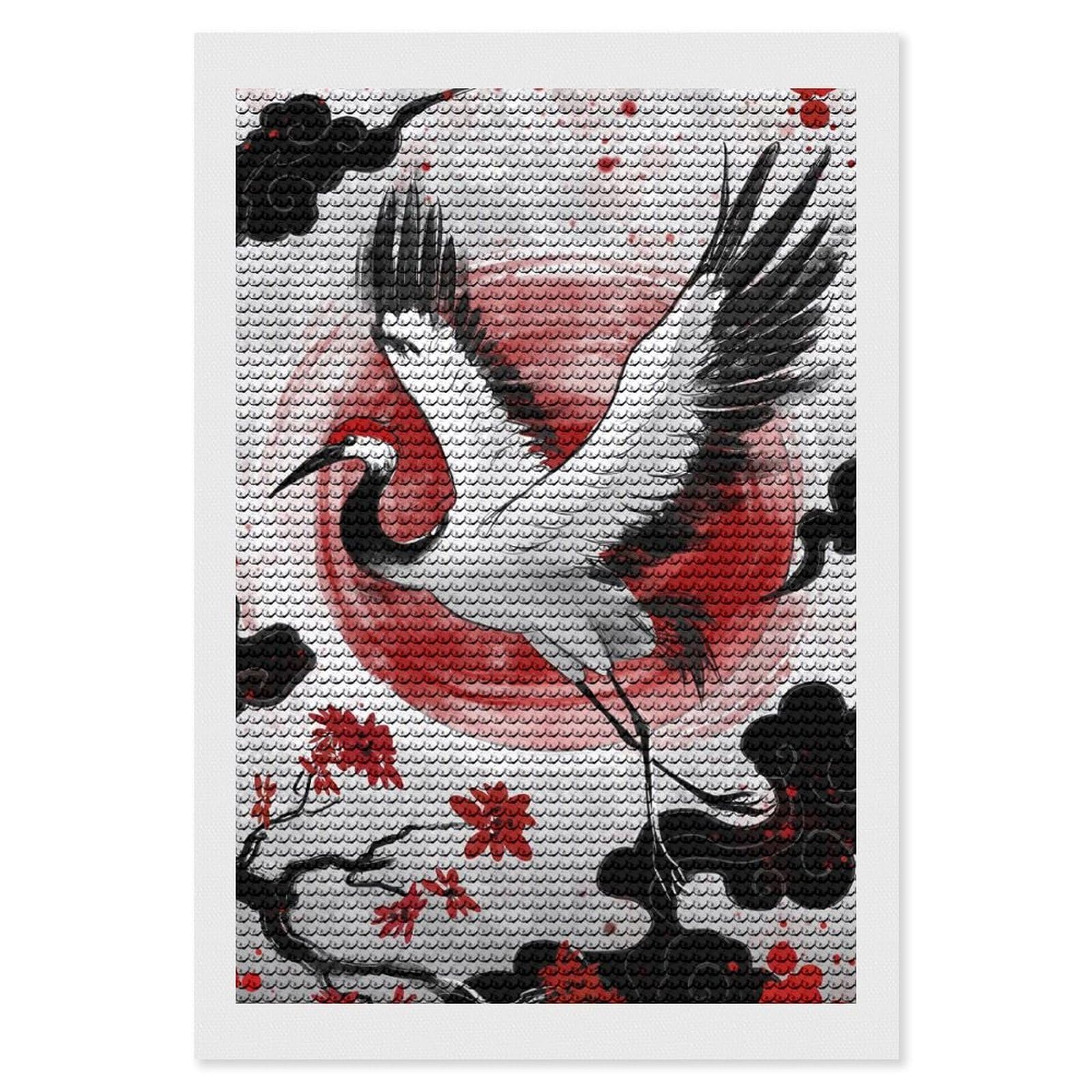 Junmoney Japanese Crane with Red Sun Digital Art DIY Diamond Art Canvas Kit 8"x12", Decorate Your Room, Sparkling Round Gems, Fun Craft Experience, Farmhouse Decor