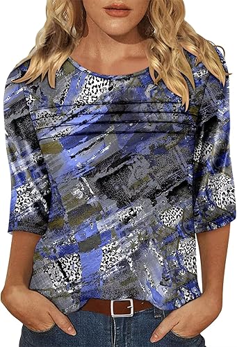 KISSMODA Women's Casual 3/4 Sleeve T-Shirts Round Neck Cute Tunic Tops Basic/Pleated Summer Tops Trendy Spring Blouses