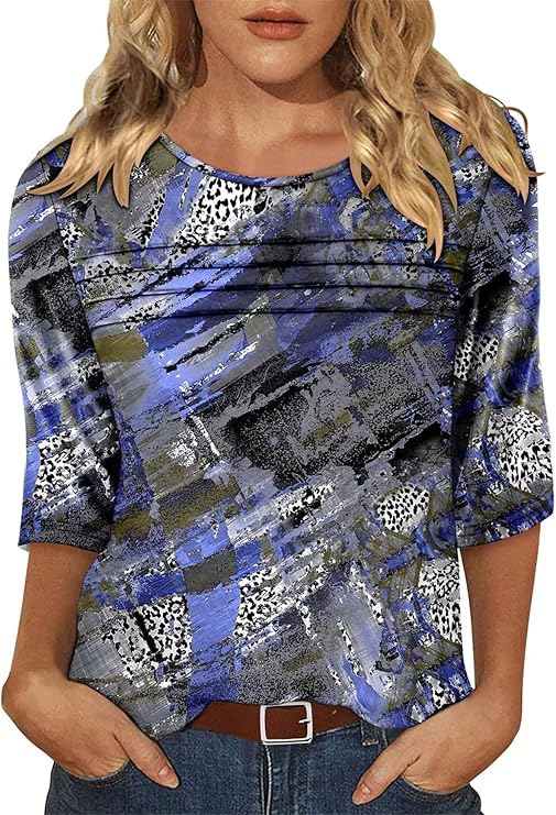 KISSMODA Women's Casual 3/4 Sleeve T-Shirts Round Neck Cute Tunic Tops Basic/Pleated Summer Tops Trendy Spring Blouses