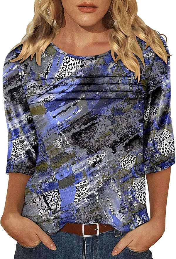 KISSMODA Women's Casual 3/4 Sleeve T-Shirts Round Neck Cute Tunic Tops Basic/Pleated Summer Tops Trendy Spring Blouses