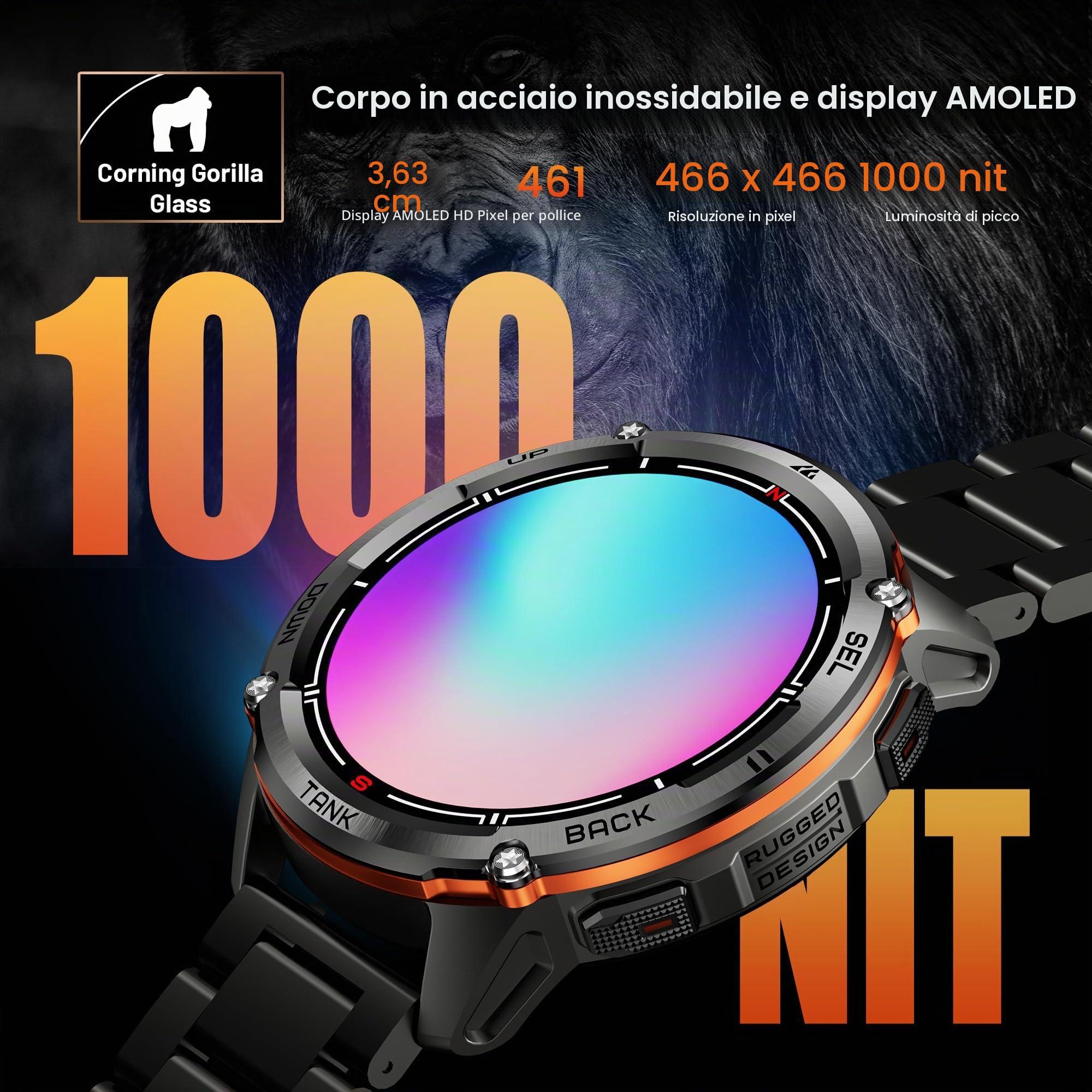 KOSPET Tank T3 Ultra 2 Smartwatch Uomo Rugged, GPS, Display AMOLED 1,43" | Autonomia 15 giorni, Resistenza Acqua 5ATM, Monitoraggio Frequenza Cardiaca e SpO2, 170+ Modalità Fitness Doppi Cinturini