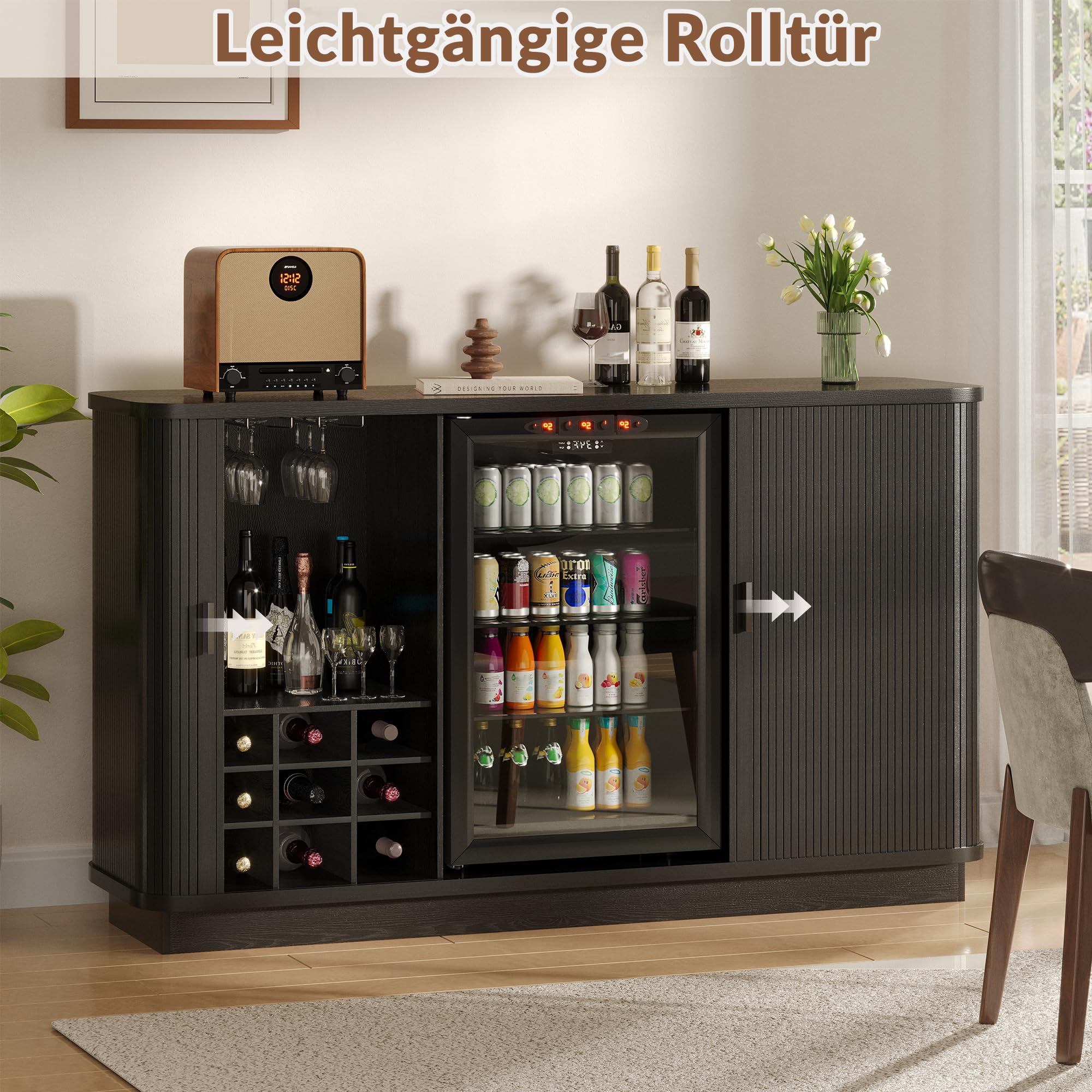 130 cm langes, geriffeltes Buffet-Sideboard mit Kühlschrankfach, Retro-Weinbarschrank mit Rolltüren, verstellbaren Einlegeböden und Weinregal für Küche und Esszimmer