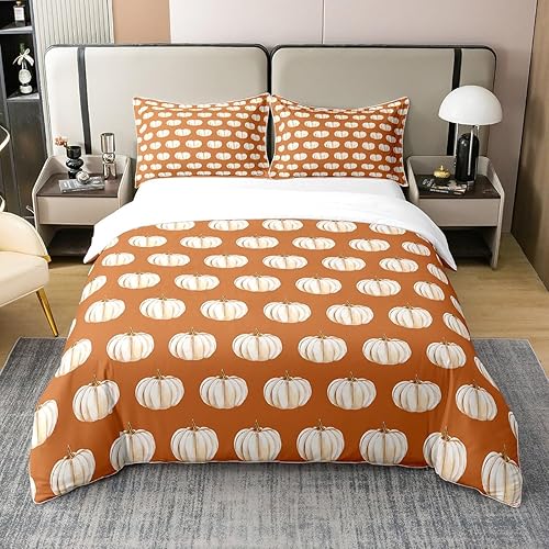 jejeloiu Juego de funda de edredón de otoño 100% algodón, tamaño matrimonial, para niños y niñas, juego de ropa de cama de calabaza de otoño para