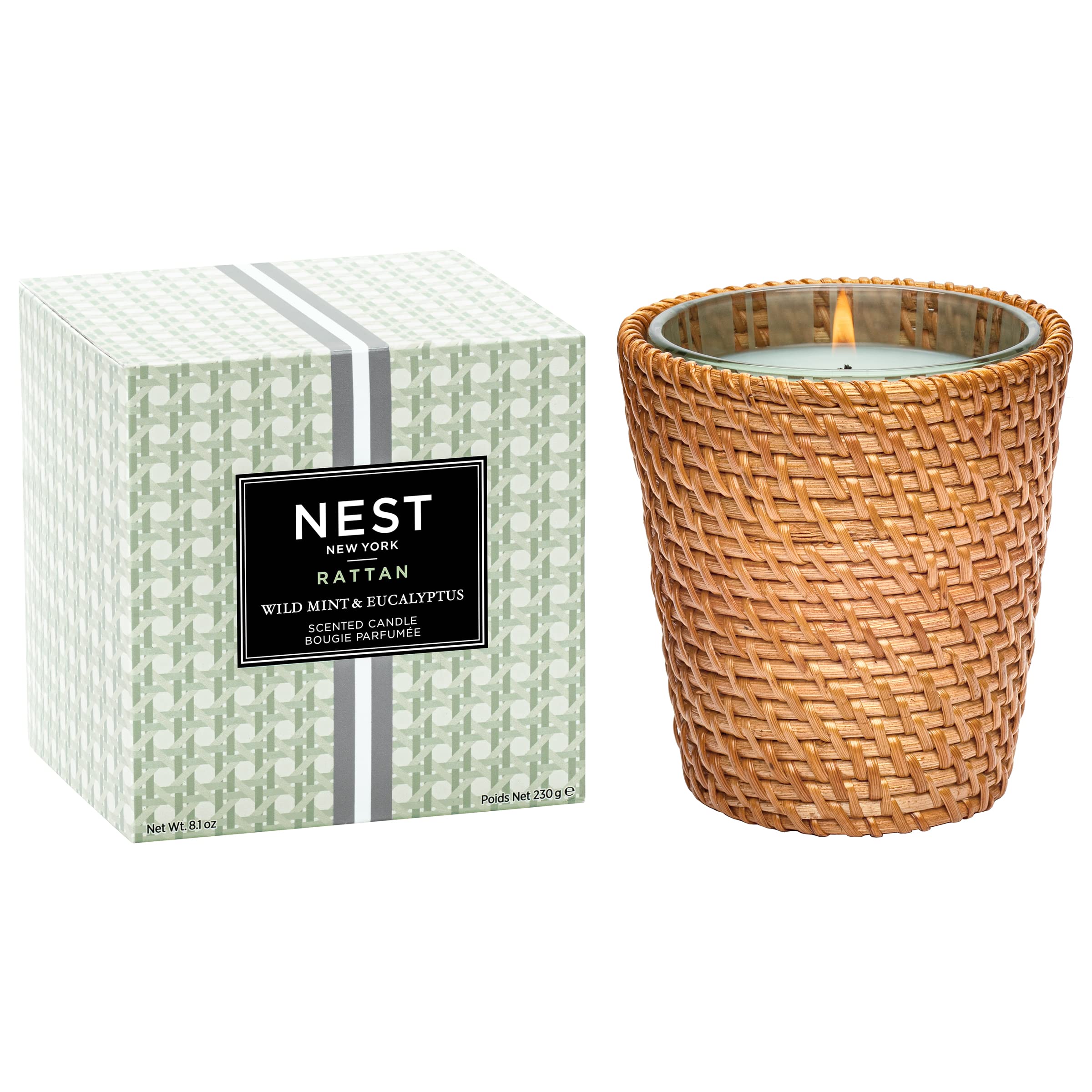 NEST Fragrances Wild Mint & Eucalyptus Scented Classic, Long-Lasting Candle for Home with Rattan Sleeve, 8 Oz