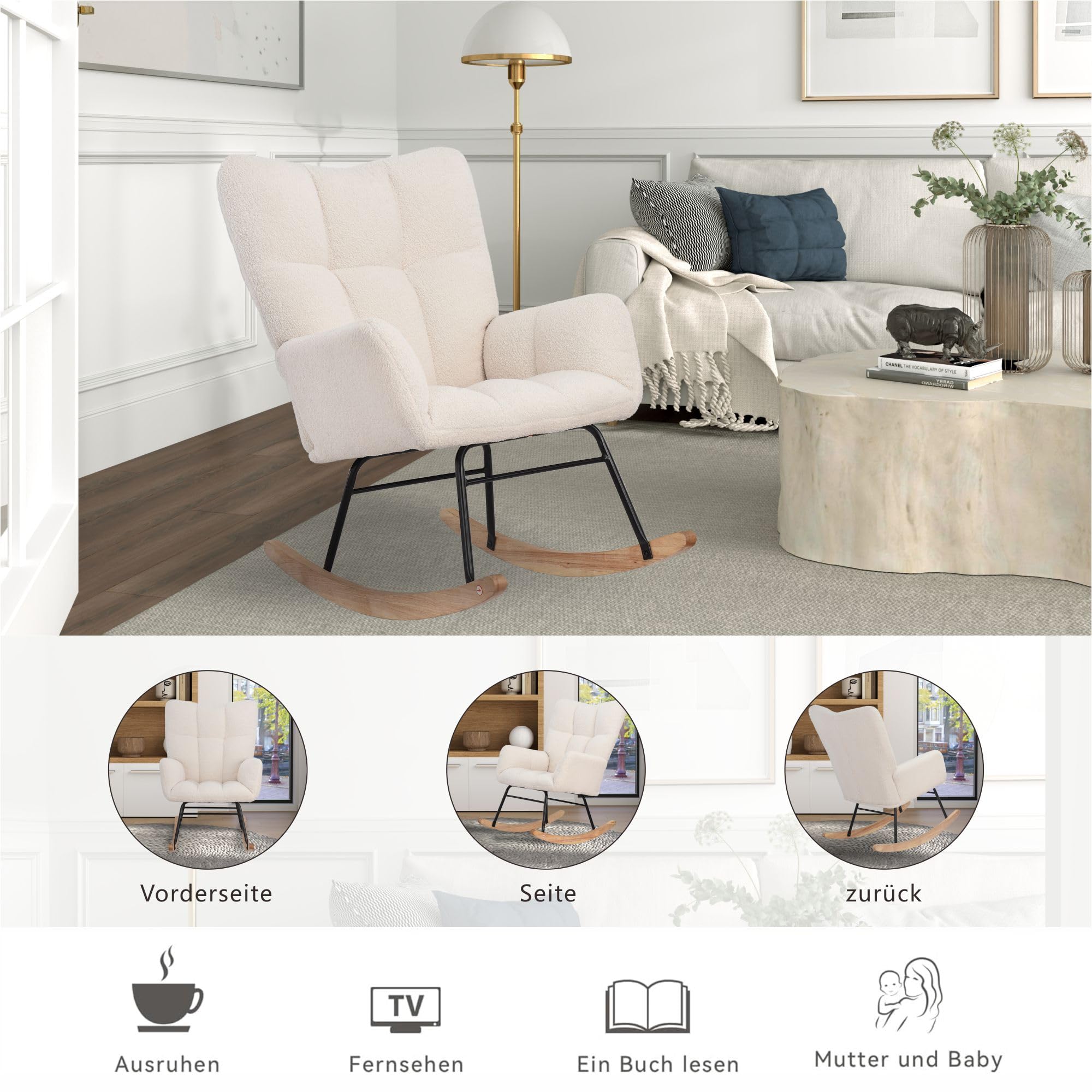 Fotel bujany z podłokietnikami, pikowane krzesło bujane Rocking Chair Fotel bujany Sypialnia Ergonomiczne wyściełane krzesło Aksamitne tkaniny Fotele do salonu (Biały L, Aksamit)