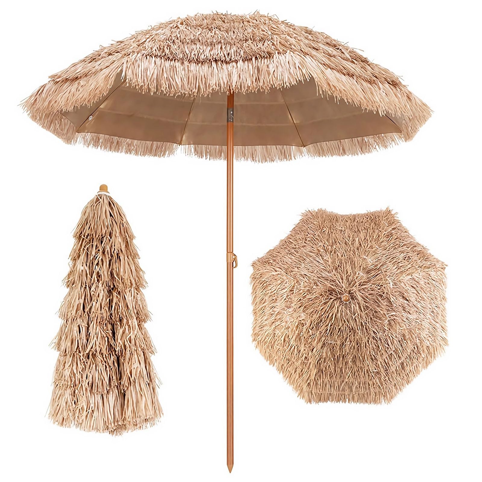 160/200/240/260cm Thatch Tiki Pool Umbrella, Hawaiian Garden Parasol w/Button Tilt, Portable Tropical Palapa Straw Shade for Beach Outdoor Patio(8ft/240cm)