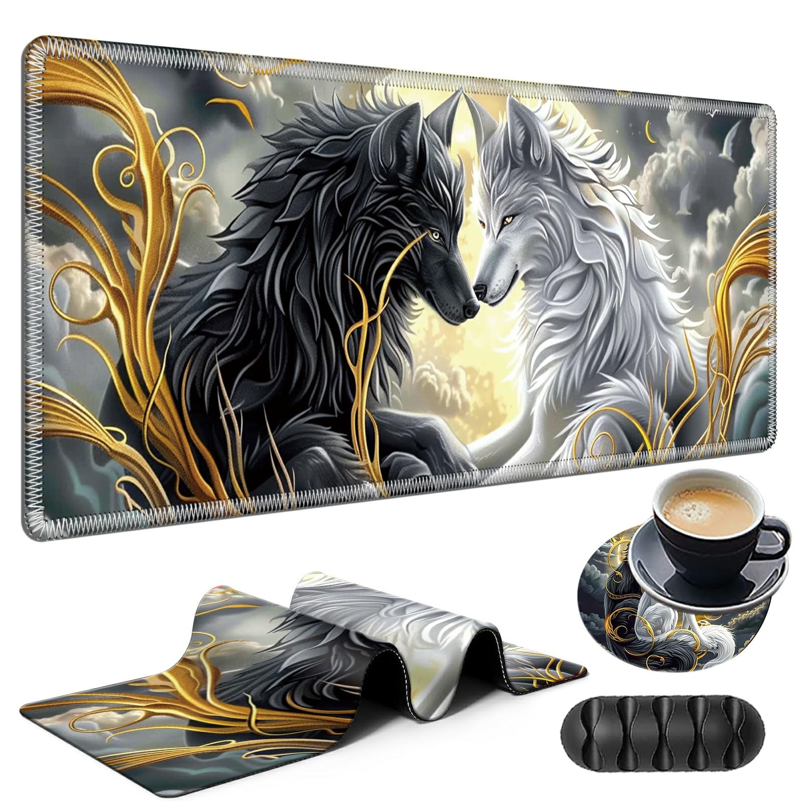 Large Gaming Mouse Pad Plus a Coasters + Cable Clips, Couple Wolfs Extended Mousepad (31.5 x 11.8) with Stitched Edge, Foldable Computer Keyboard