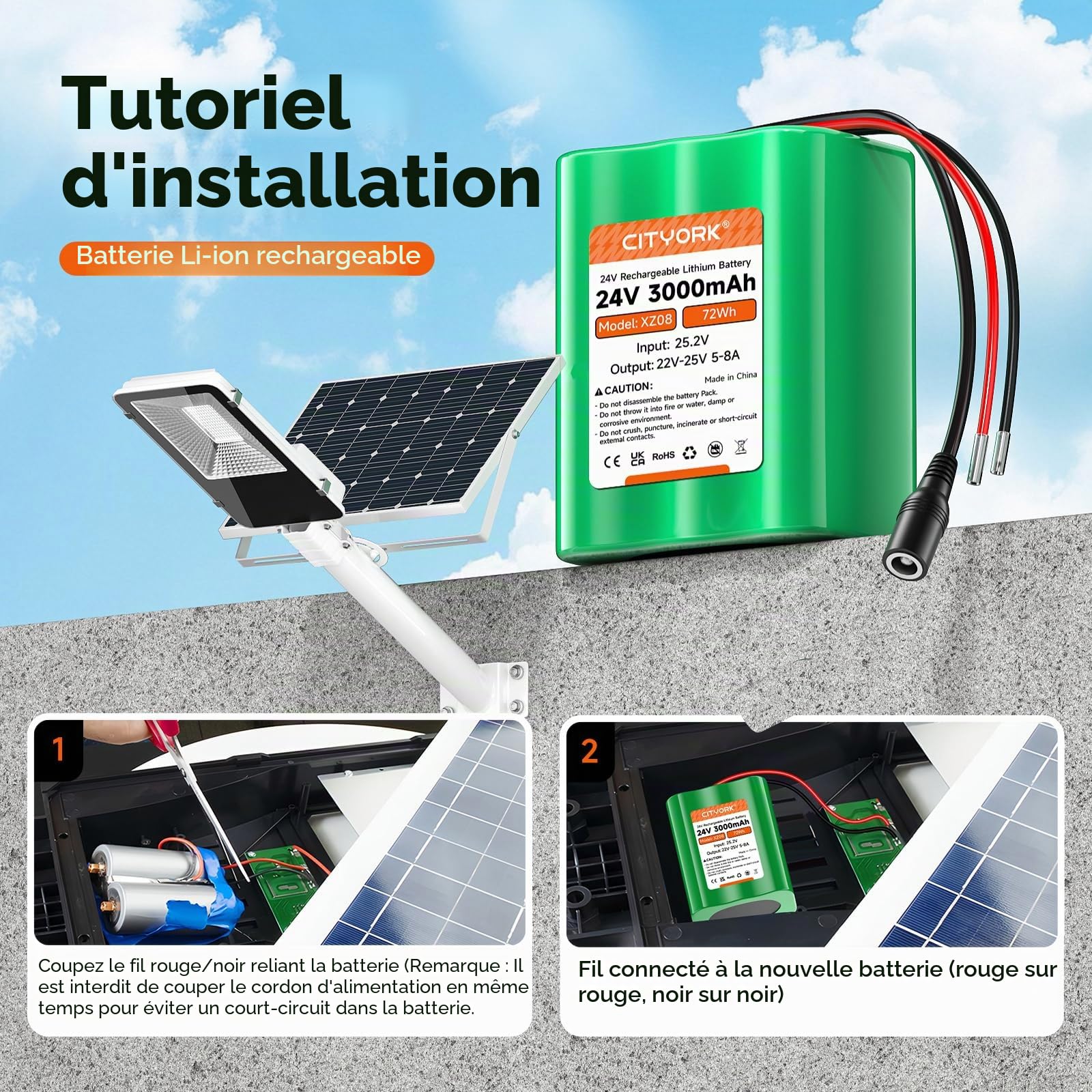 CITYORK Batterie lithium-ion rechargeable 24 V 3000 mAh pour projets de bricolage, bateau, caméra de vidéosurveillance, détecteur de poissons, barre lumineuse LED et plus encore