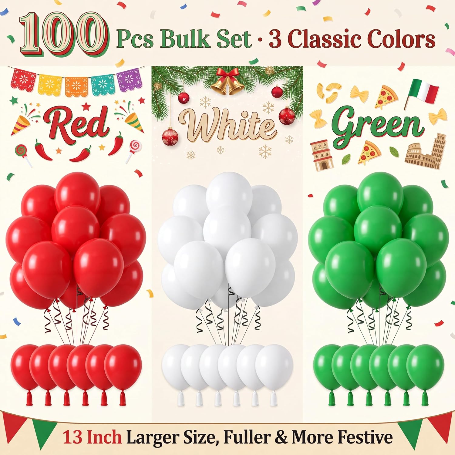 TecUnite 100 Pcs Mexico Fiesta Red Green White Balloons, 13 Inch