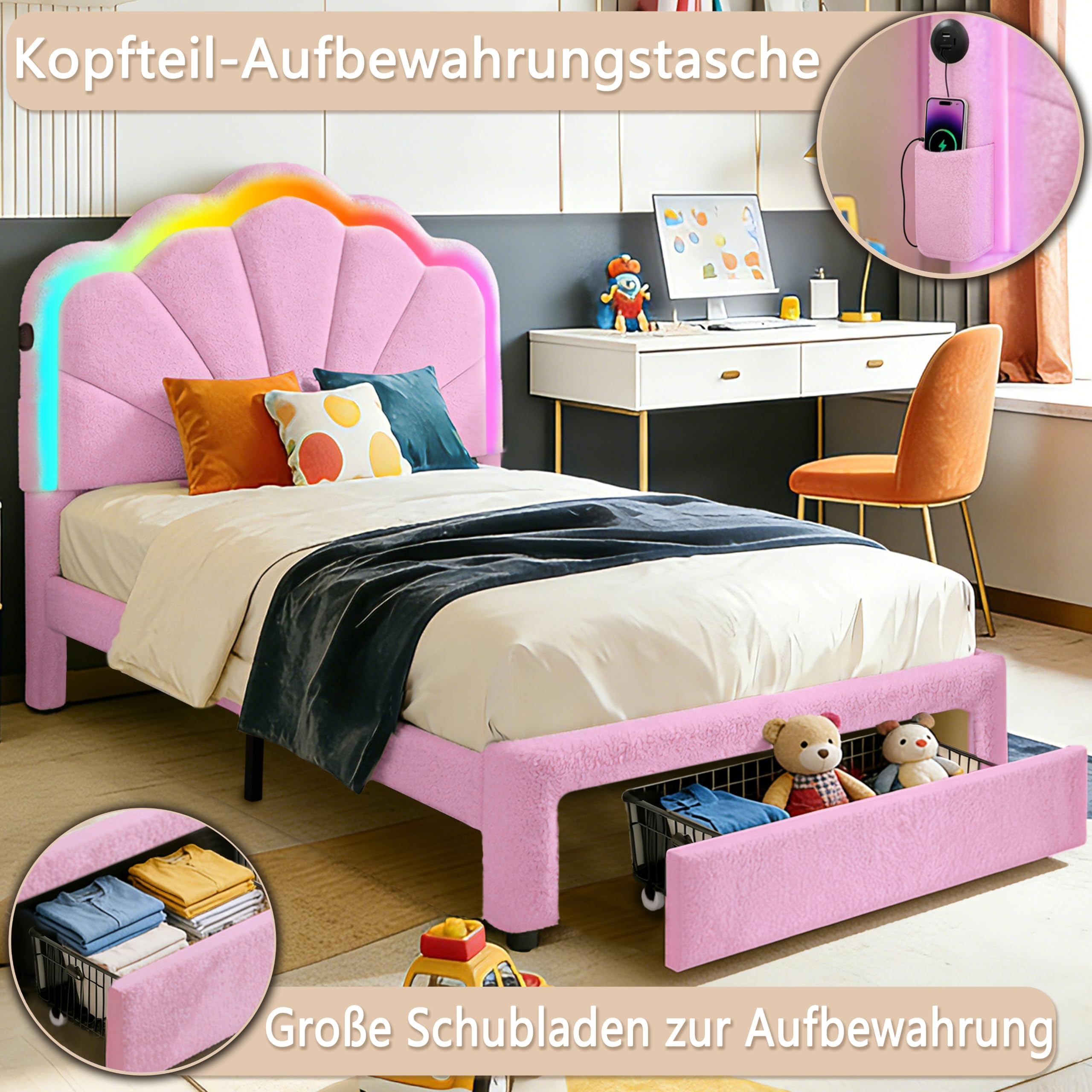 Bettrahmen mit 1 Schublade, 90×200 cm, Teddyvelours, Pink | LED-Beleuchtung, verstellbares Kopfteil, Ladestation, USB & Type-C, gepolstertes Bett, Fußteil-Schublade, Holzlatten
