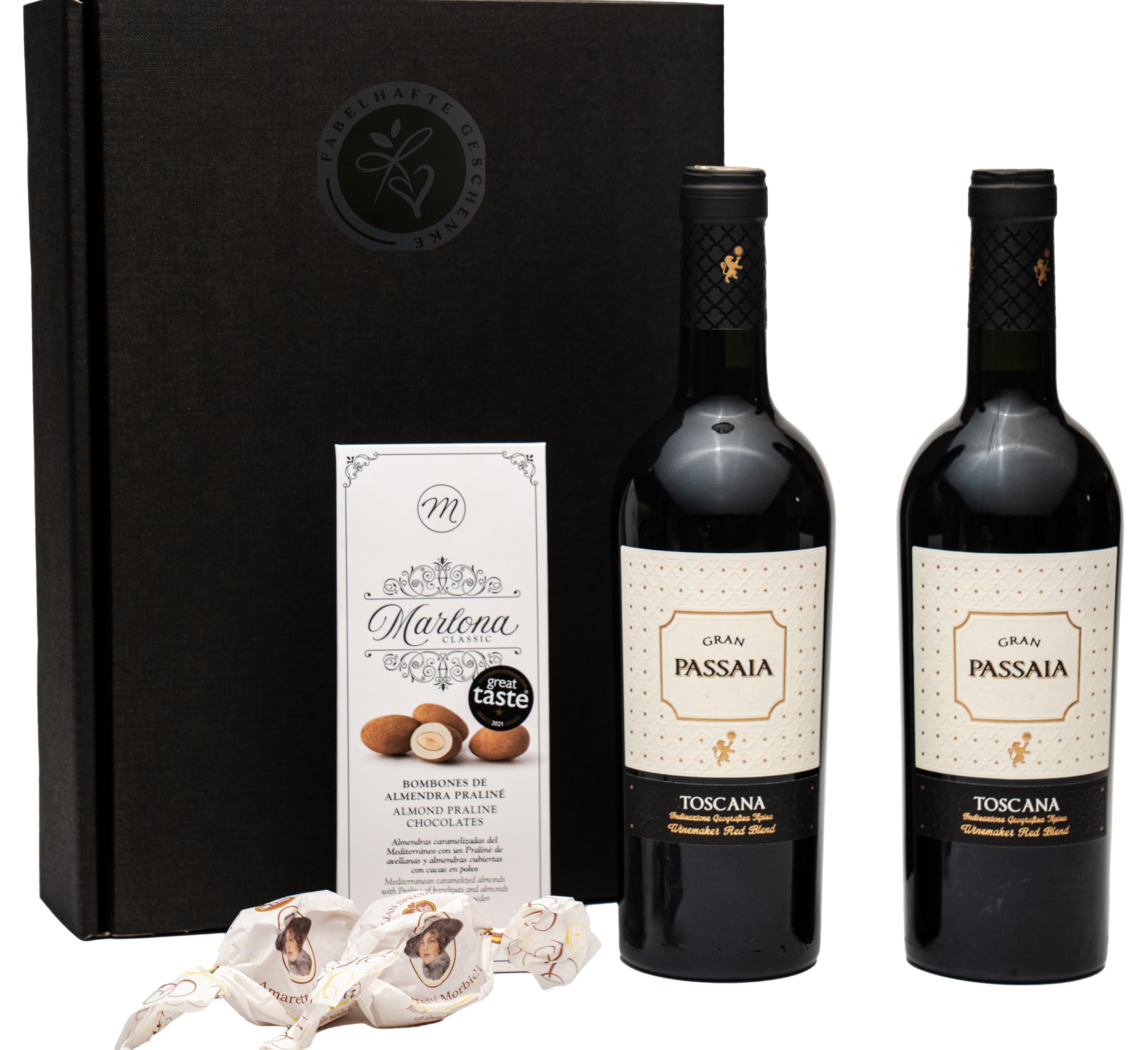 Geschenkset italienischer Rotwein aus der Toskana mit Mandelpraliné und Amaretti | Ein Weinpräsent für Genießer und Weinkenner