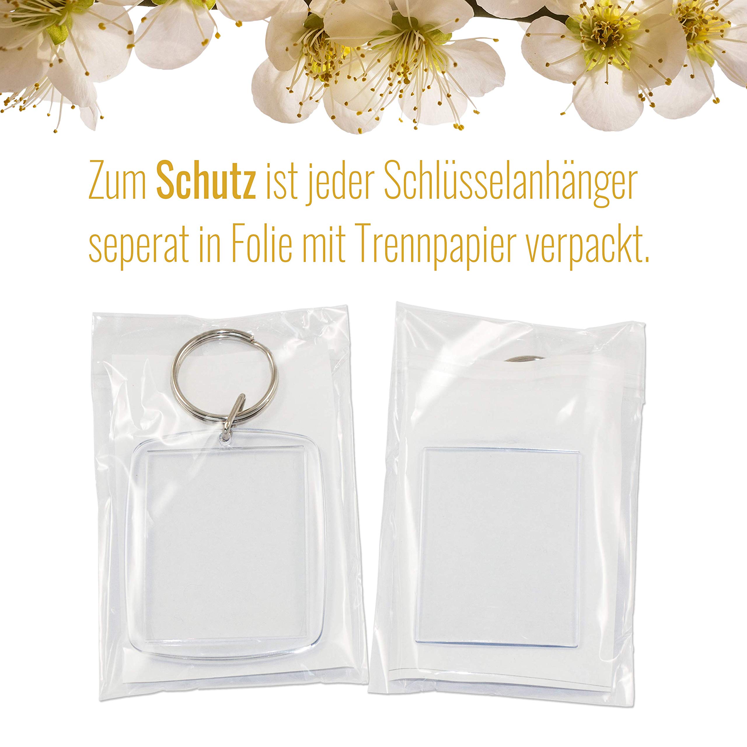 25 Stück Acryl-Foto-Schlüsselanhänger mit Schlüsselring, kratzfeste Verpackung, exakt für Passfoto, Größe 4,5 x 3,5 cm, leerer Schlüsselanhänger