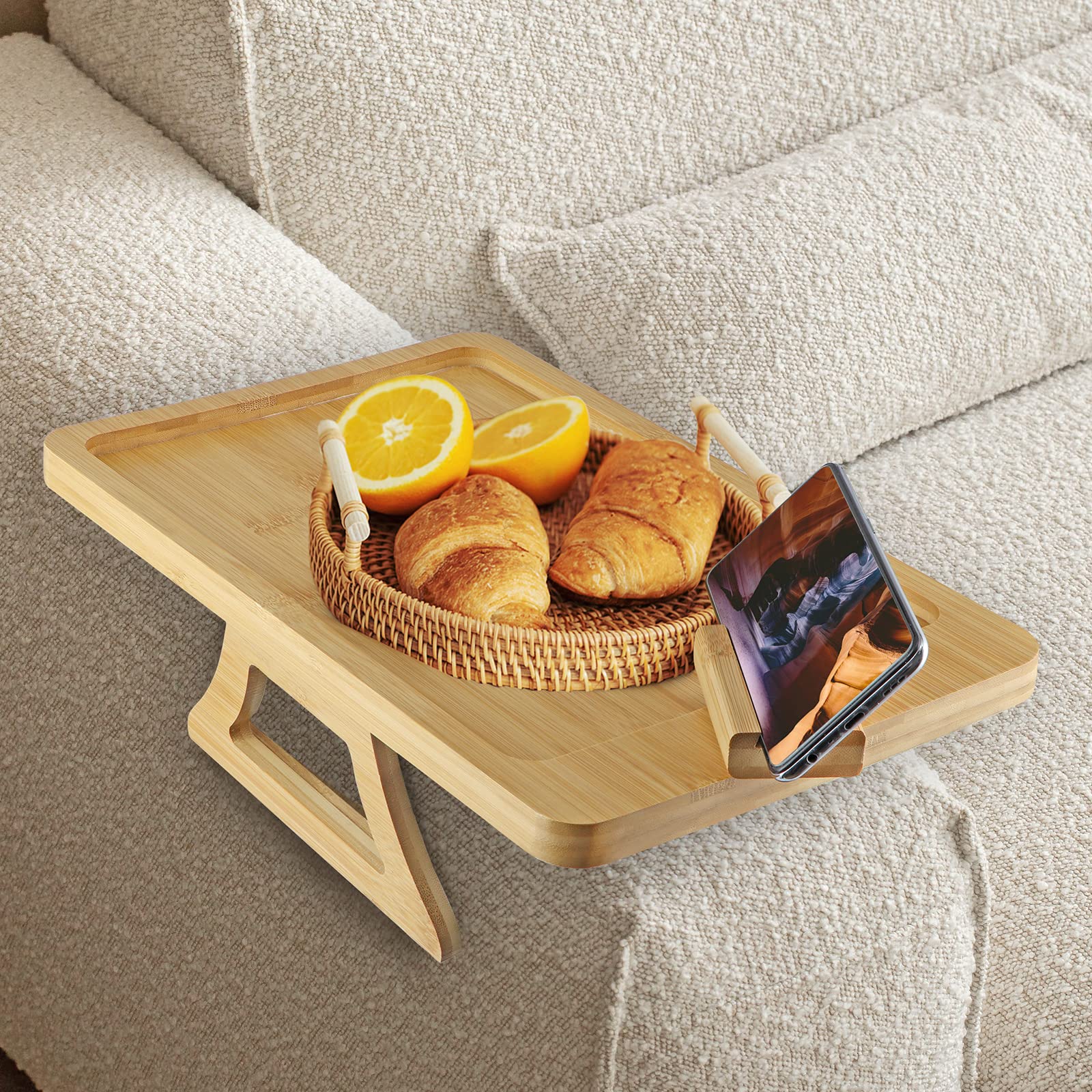 MDLUU Bamboo Sofa Arm Tray, Armrest Clip-On Table with Rotating Mobile Holder, Foldable Couch Arm Tray for Drink, Remote, Phone