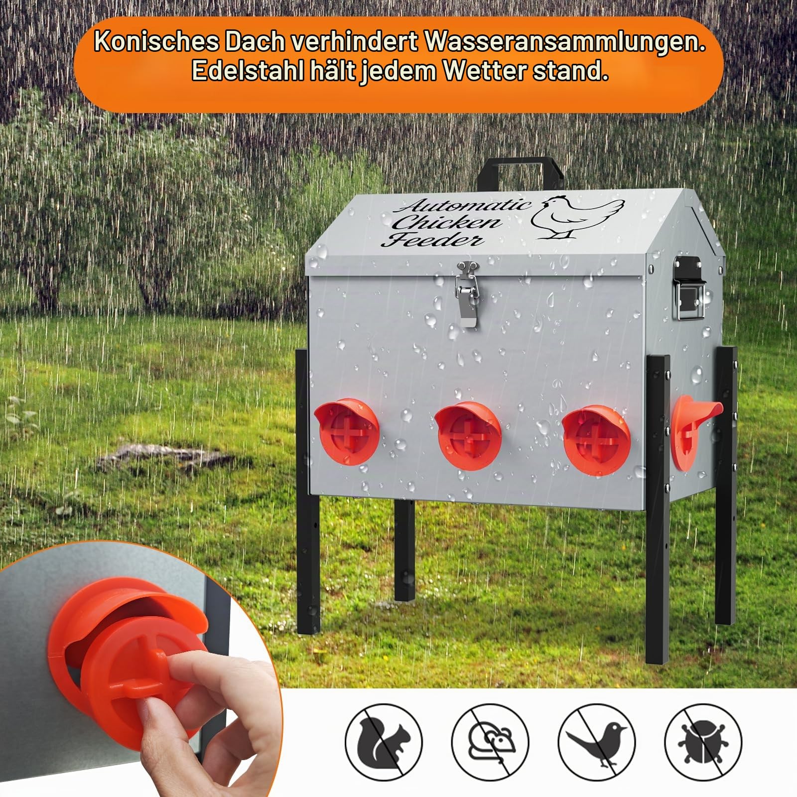 50LB Automatischer Hühnerfutterspender, Metall-Hühnerfutterspender, Geflügelfutterspender mit 8 Fütterungsöffnungen, Höhenverstellbar, Mit Verschließbarem Deckel,Design für den Außenstall