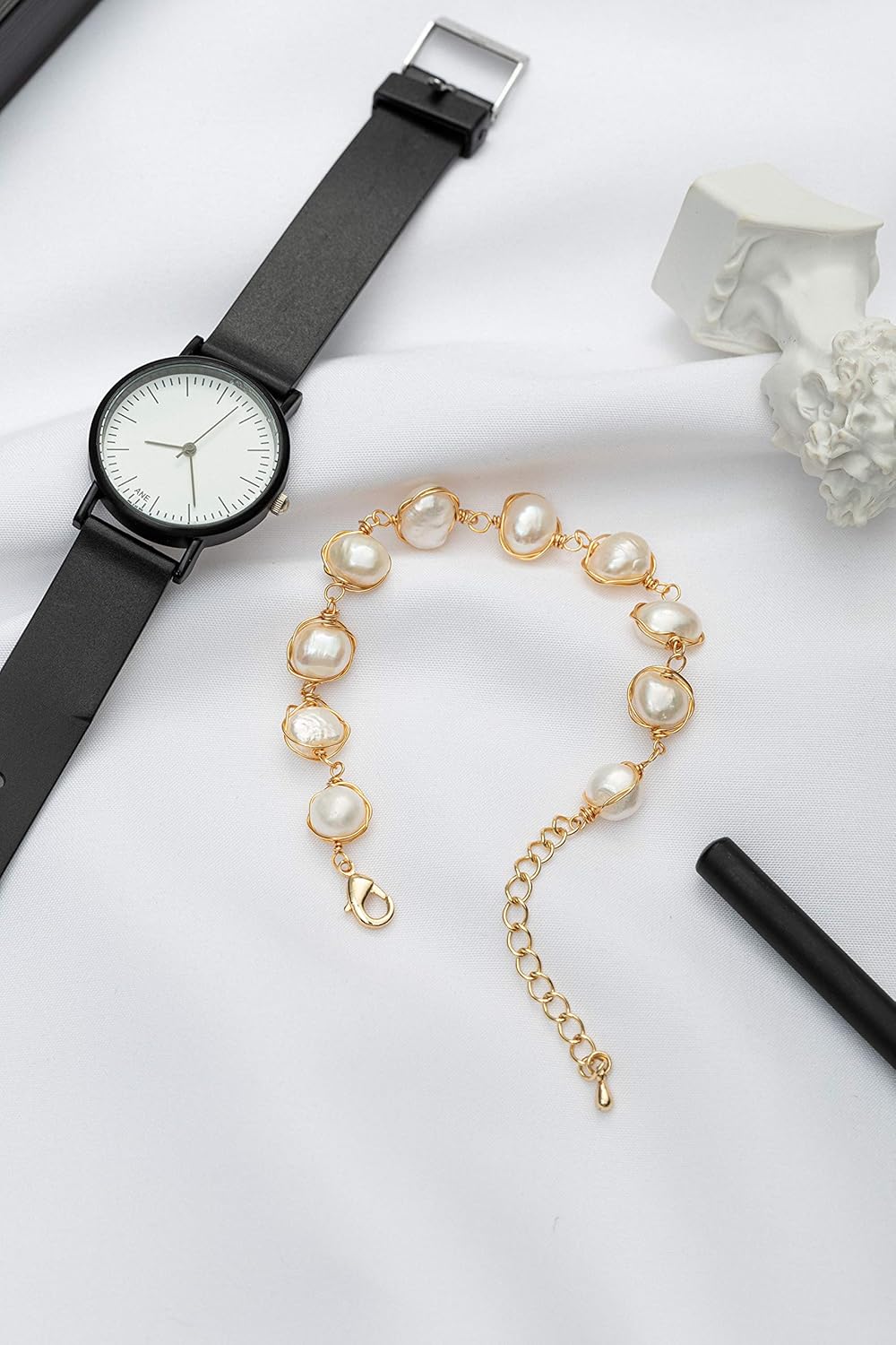 Cowlyn Pearl Bracelet Baroque Cultured Pearl Link, 14K Gold Plated Beaded Link Chain Charm Bracelets for Women Handmade Jewelry