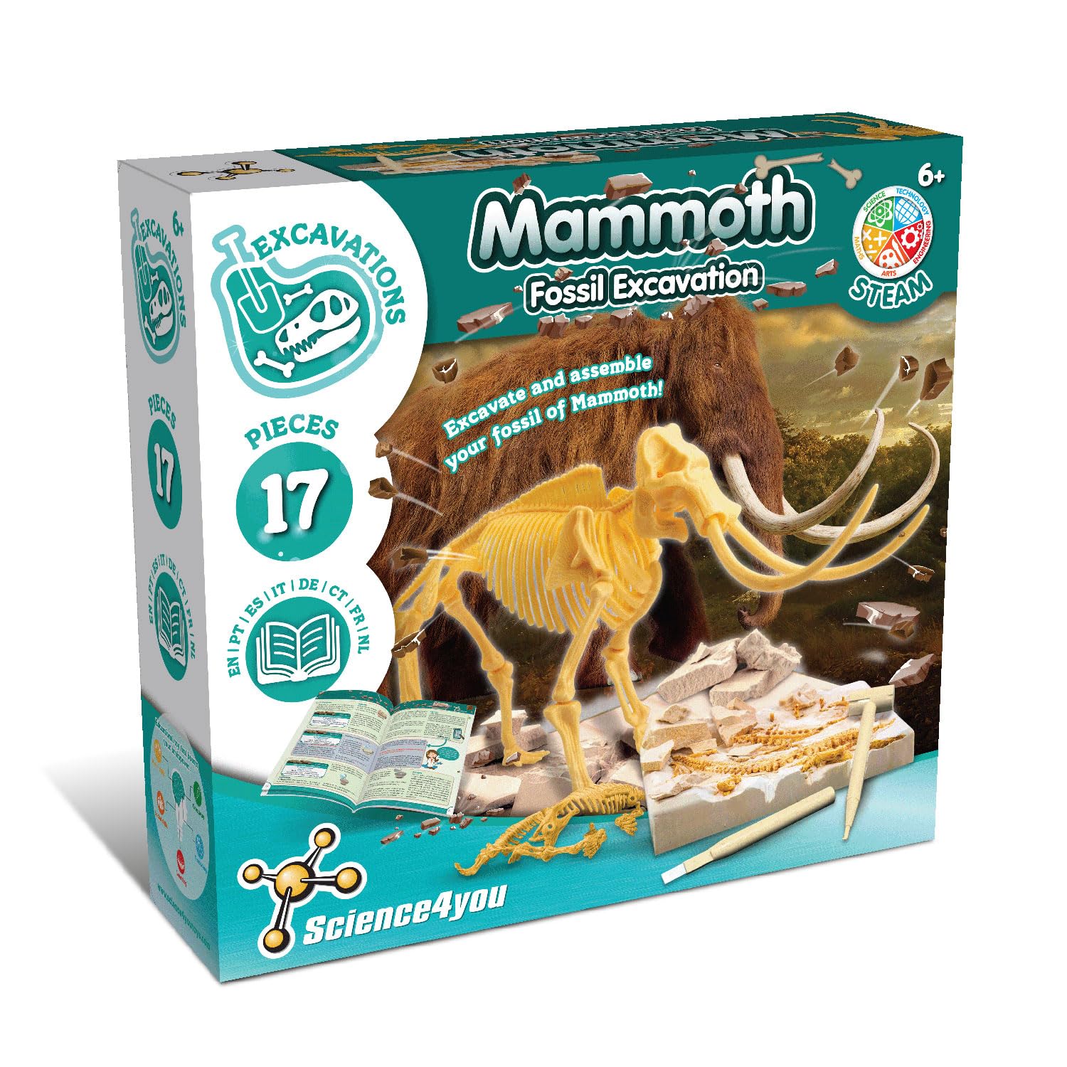 Science4you - Mamut Excavaciones Fósiles - Dinosaurios para Niños 6+ Años - Excava 17 Fosiles con Este Juego Arqueologia, Set de Paleontologo, Ciencia y Juguetes para Niños +6 Años