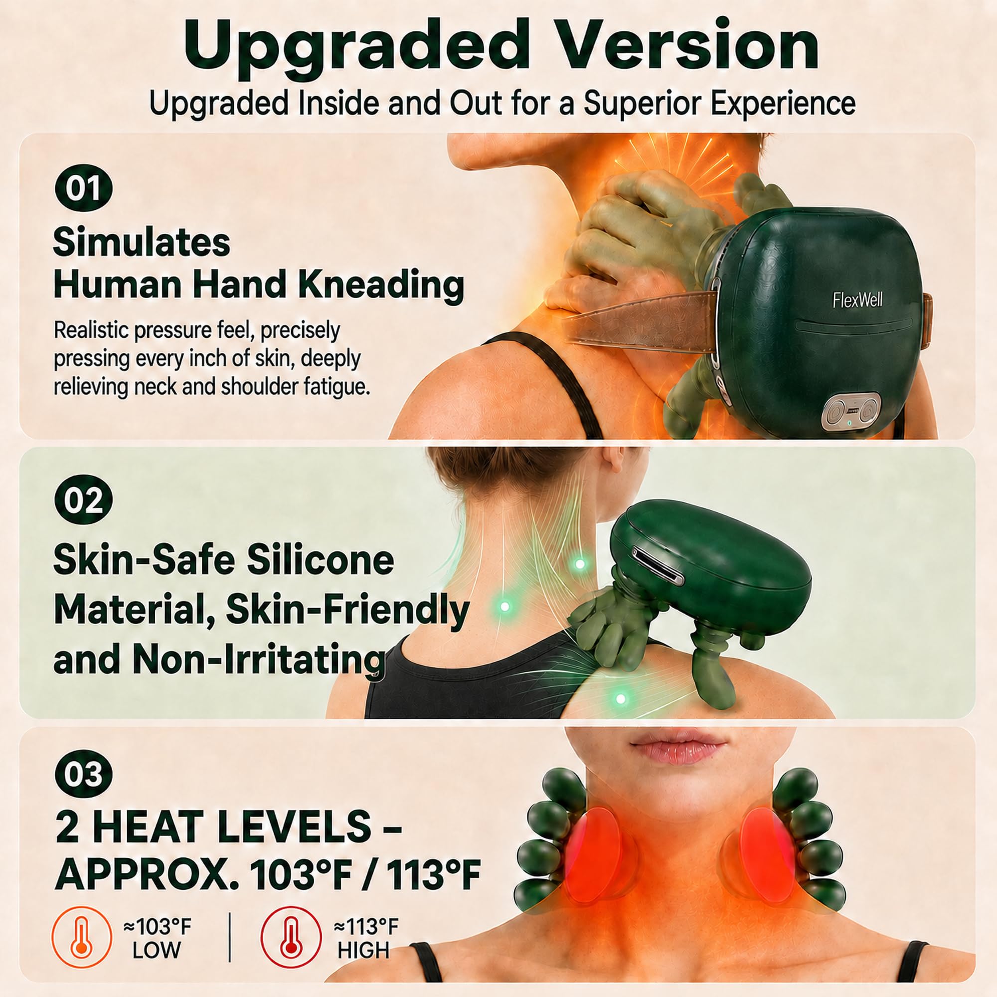 Masajeador de cuello para aliviar el dolor, Shiatsu 4D, masajeador de cuello y hombros, masajeador biónico de cuello y hombros con amasamiento de manos, masajeador con manos pequeñas para el