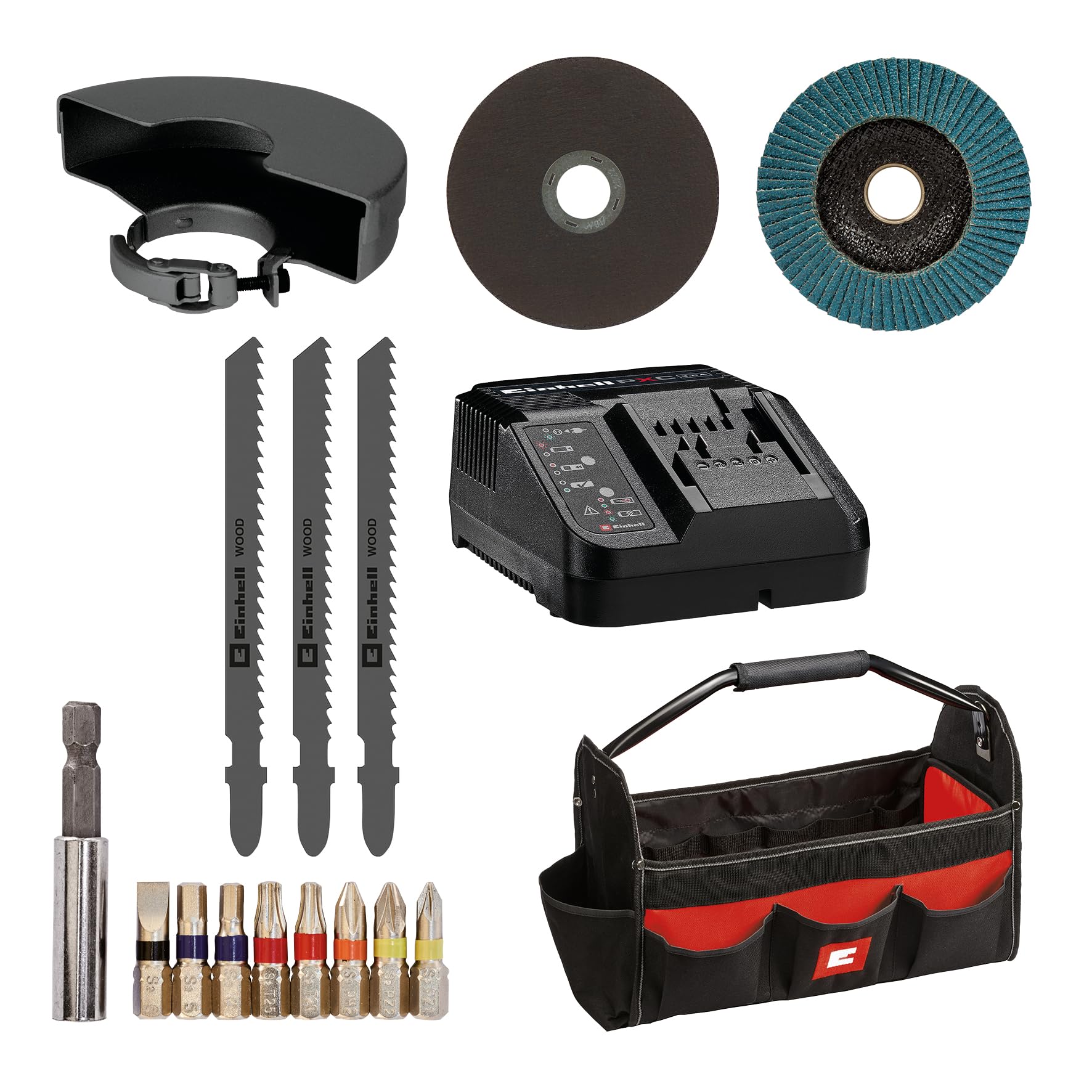 Einhell Bohrschrauber TE-CD 18/40 Li + Winkelschleifer TC-AG 18/115 Li + Stichsäge TC-JS 18 Li Power X-Change (18 V, inkl. 1 x 4,0 Ah Akku, Ladegerät, Etui)