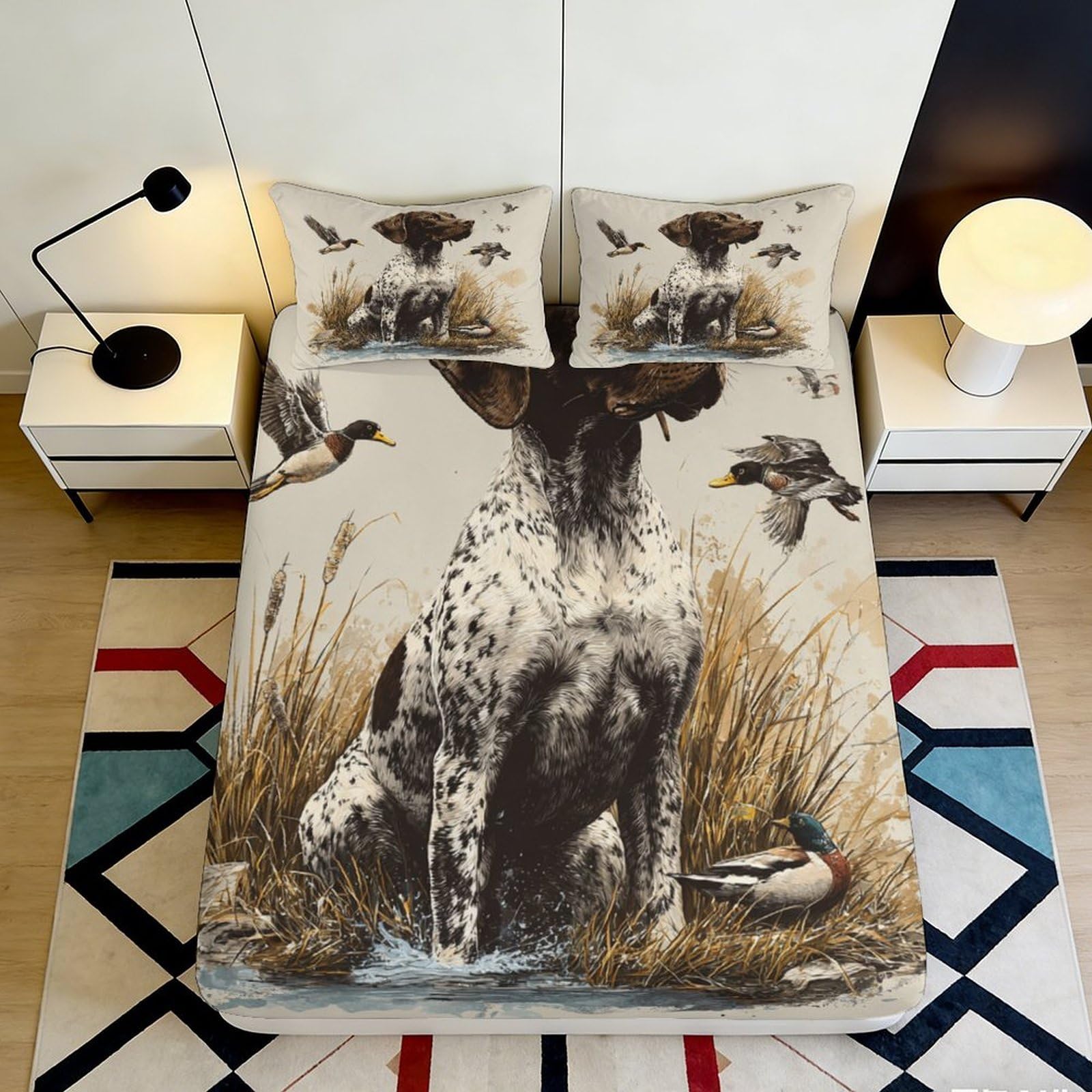 3D Printed Hunting Dog Fitted Sheet Microfiber Durable Soft Printed Duck Bed Cover for Bedroom Dormitory Guest Room Mattress Protection 120x200x25cm