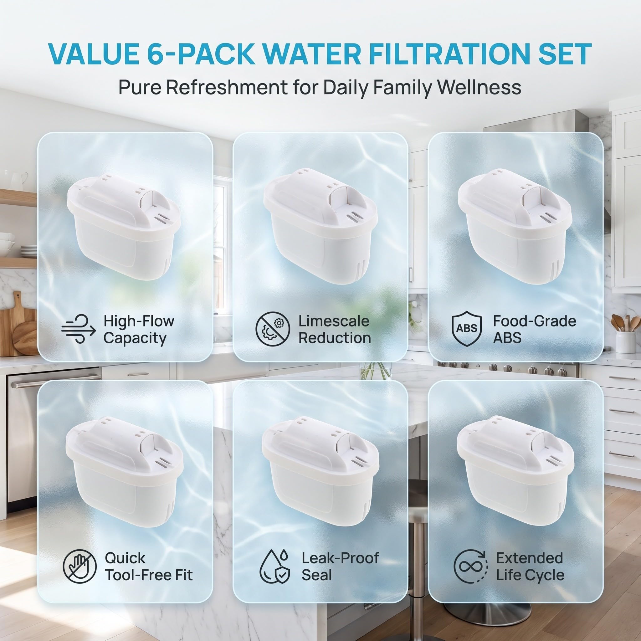 6 cartuchos de filtro de agua compatibles con jarra, color blanco.