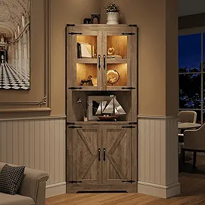 GarveeHome 67" Tall Corner Storage Cabinet with Lights, Farmhouse Corner Hutch Display Cabinet with Glass Doors, Wooden Storage Organizer for Kitchen, Living Room, Bathroom, Washed Grey