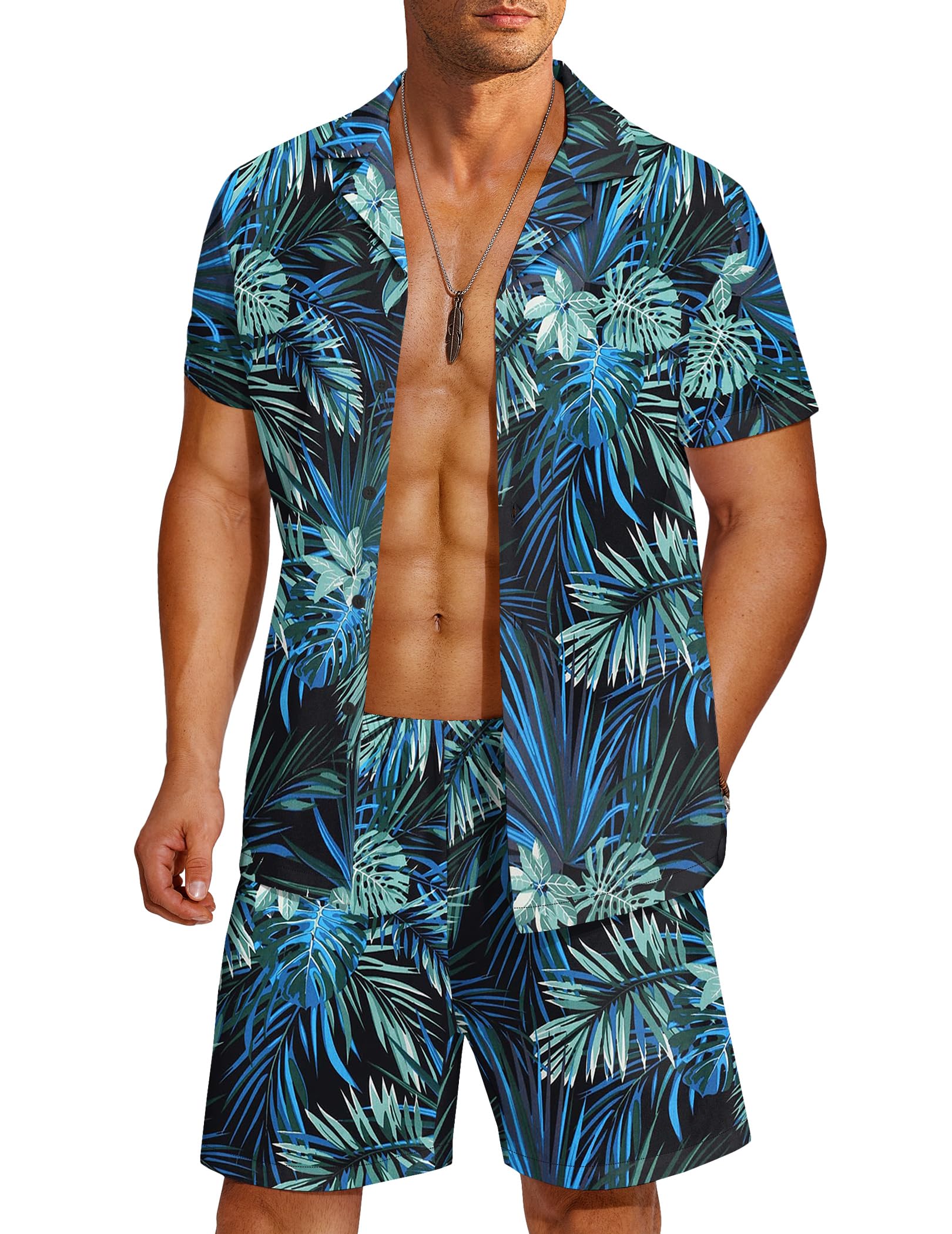 COOFANDY Men's Hawaiian Matching Shirt and Shorts Set Summer Beach 2 Piece Outfits Short Sleeve Cuban Shirts and Shorts
