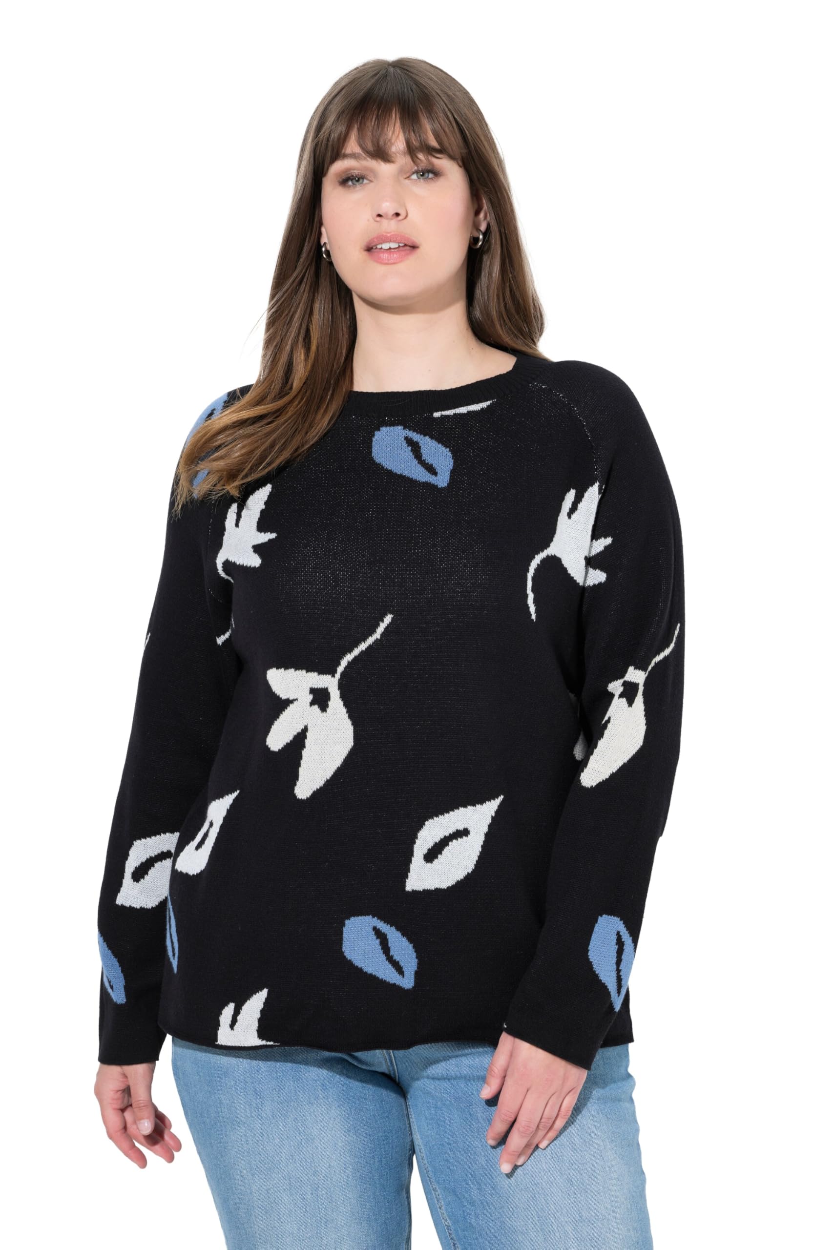 Ulla Popken Damen große Größen Übergrößen Plus Size Pullover, Blätter, U-Boot-Ausschnitt, Langarm, Biobaumwolle 832421