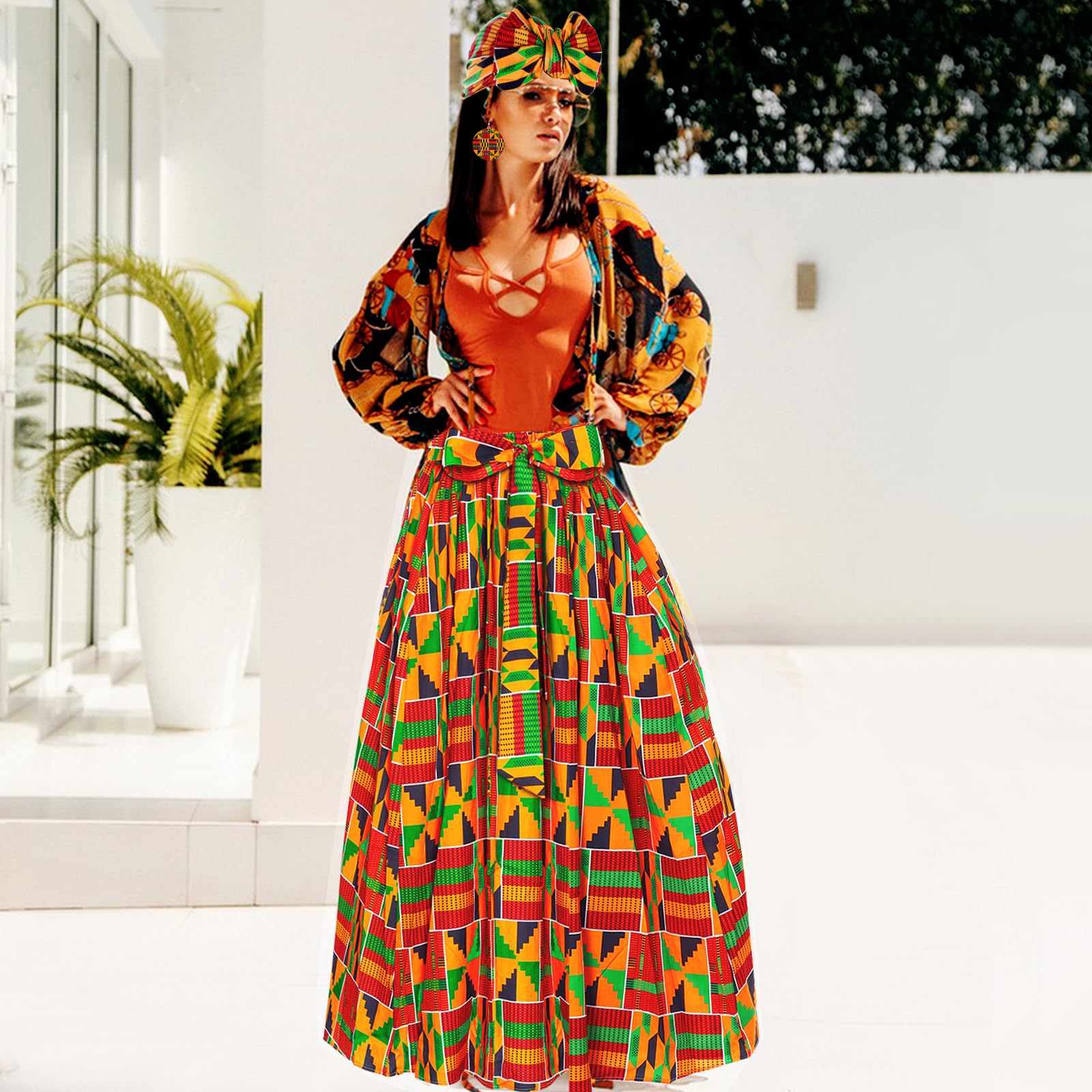 Jupes africaines pour femme 3 pièces maxi décontractée Dashiki, jupe traditionnelle taille haute, costume Ankara bohème, écharpe enveloppante extensible