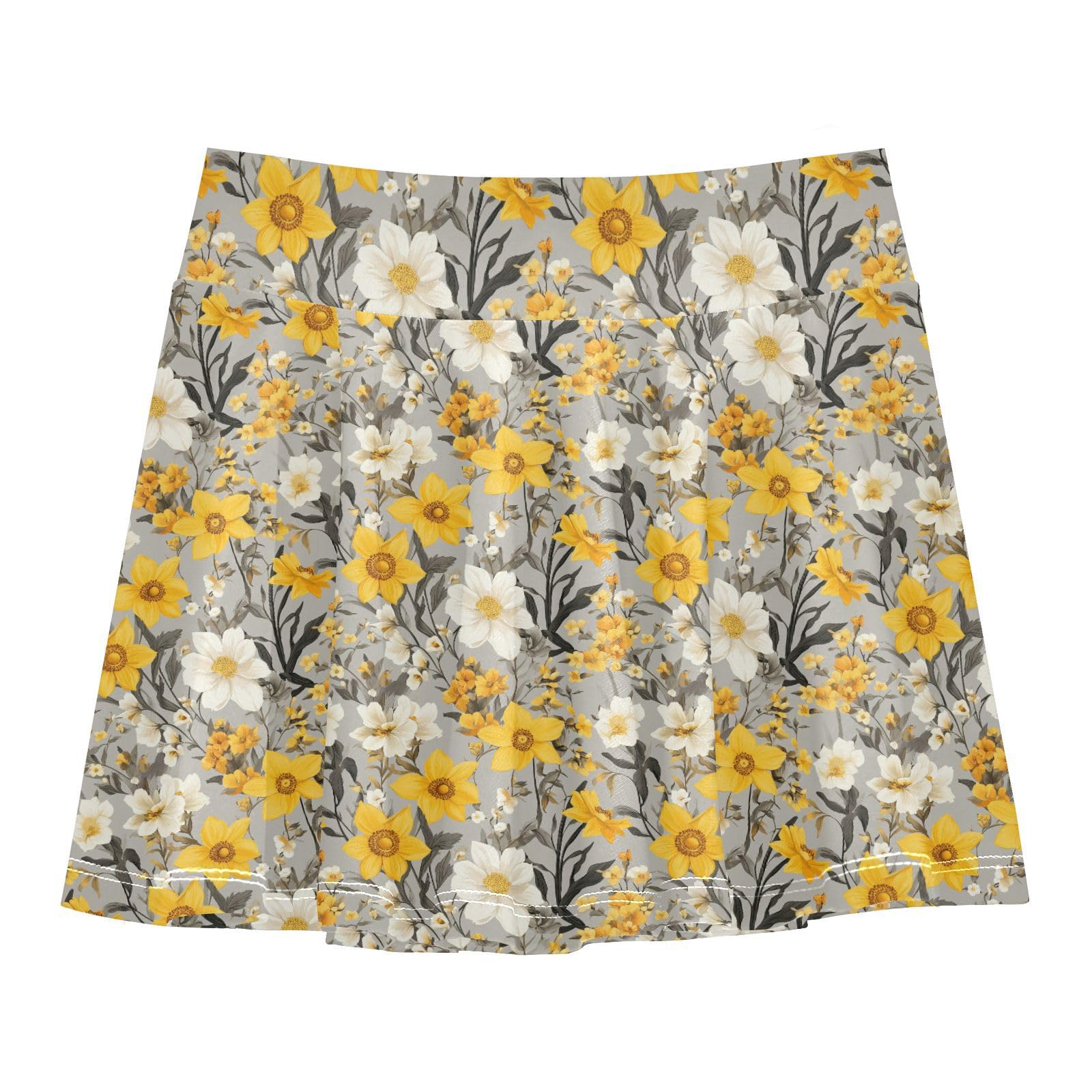 Cute Florals Grey Girls Athletic Skirt with Built-in Shorts Youth Cheer Skirt with Pockets Flowy Little Girl Skort