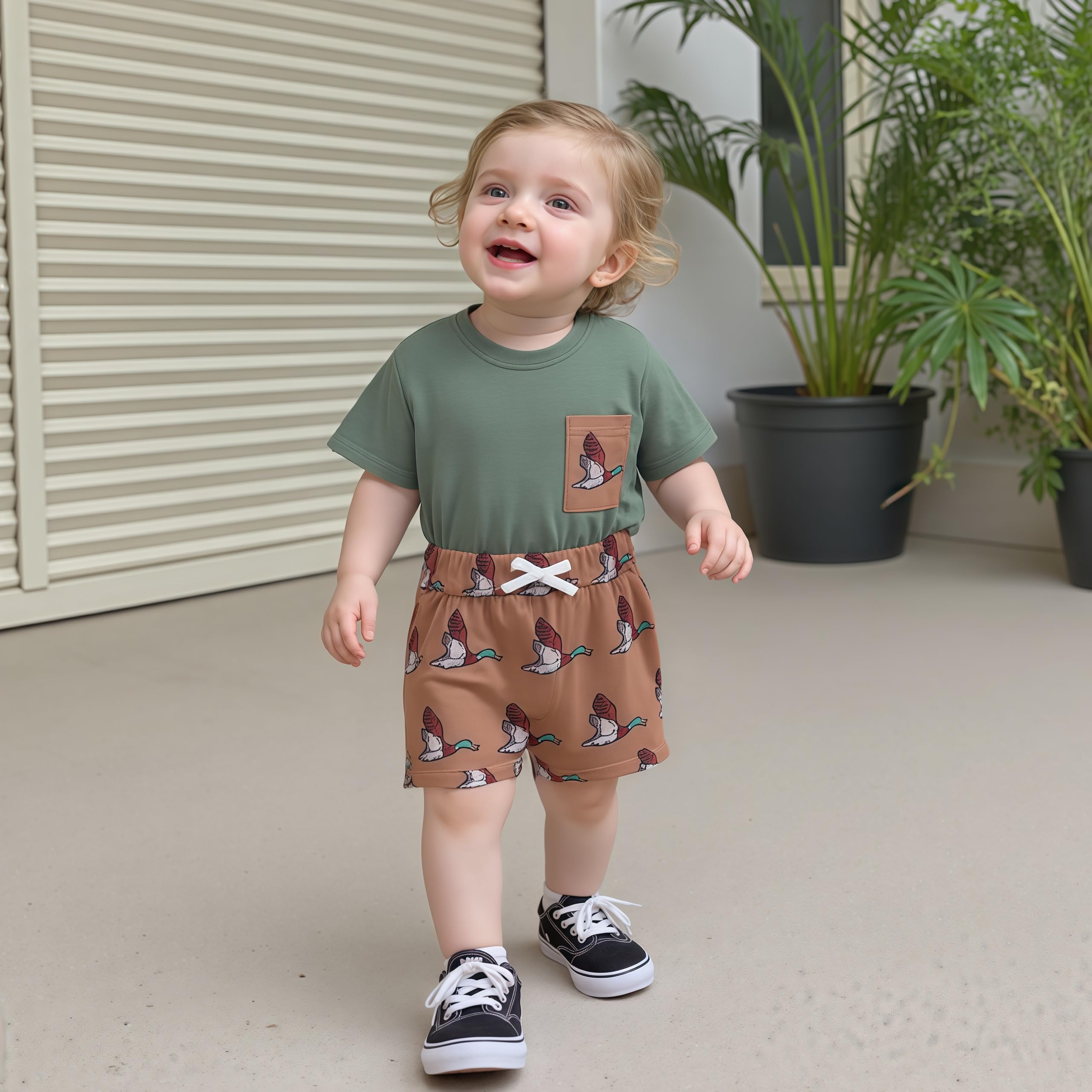 Baby Boys Clothes Toddler Summer Outfits Short Sleeve Duck Print Pocket T-Shirt Tops and Shorts Farm Baby Clothes (Duck Khaki, 2-3T)