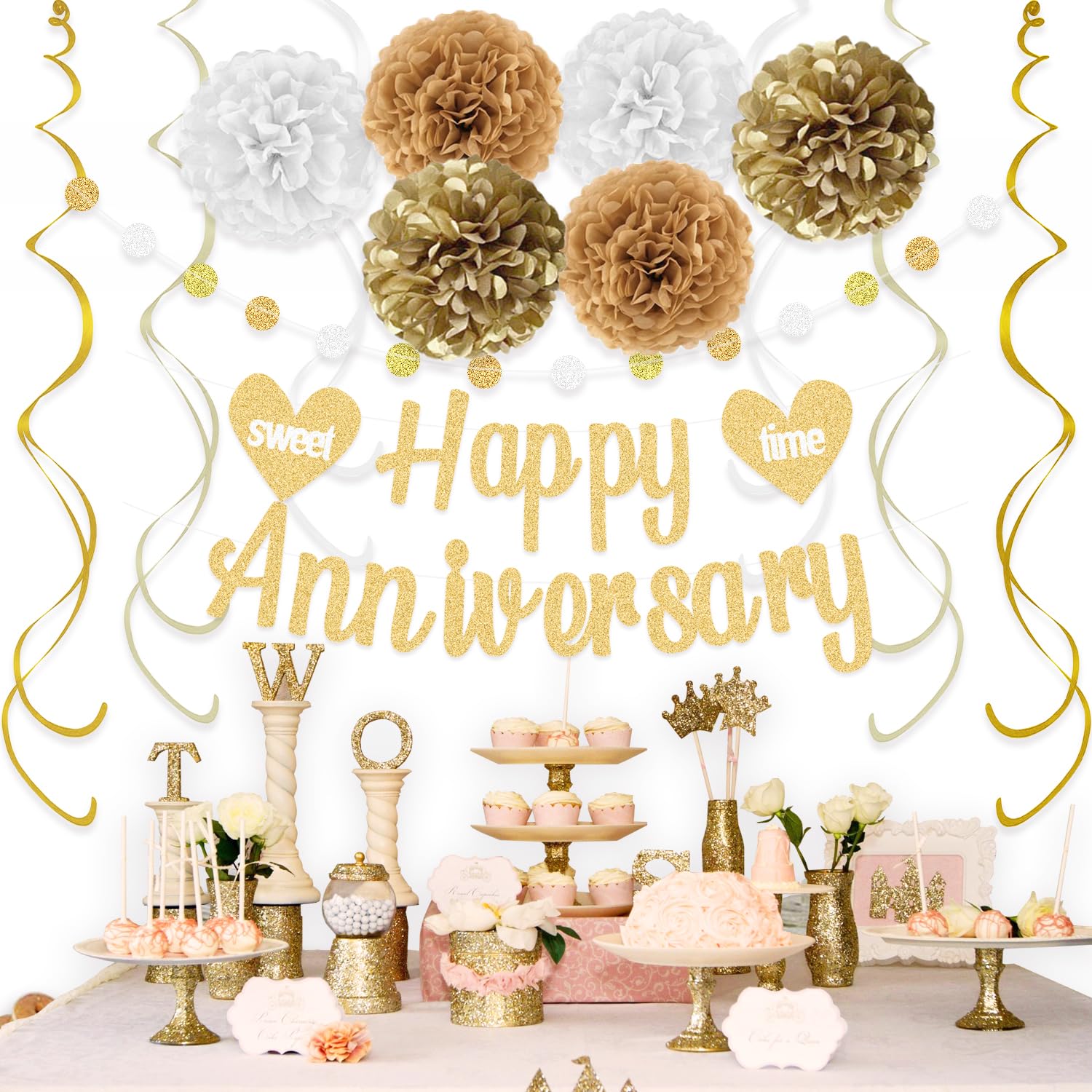 KOKAR Happy Anniversary Decorations Gold Happy Anniversary Banner, Paper Pom Poms, Hanging Swirls and Glitter Circle Dots Garland for Wedding Decorations
