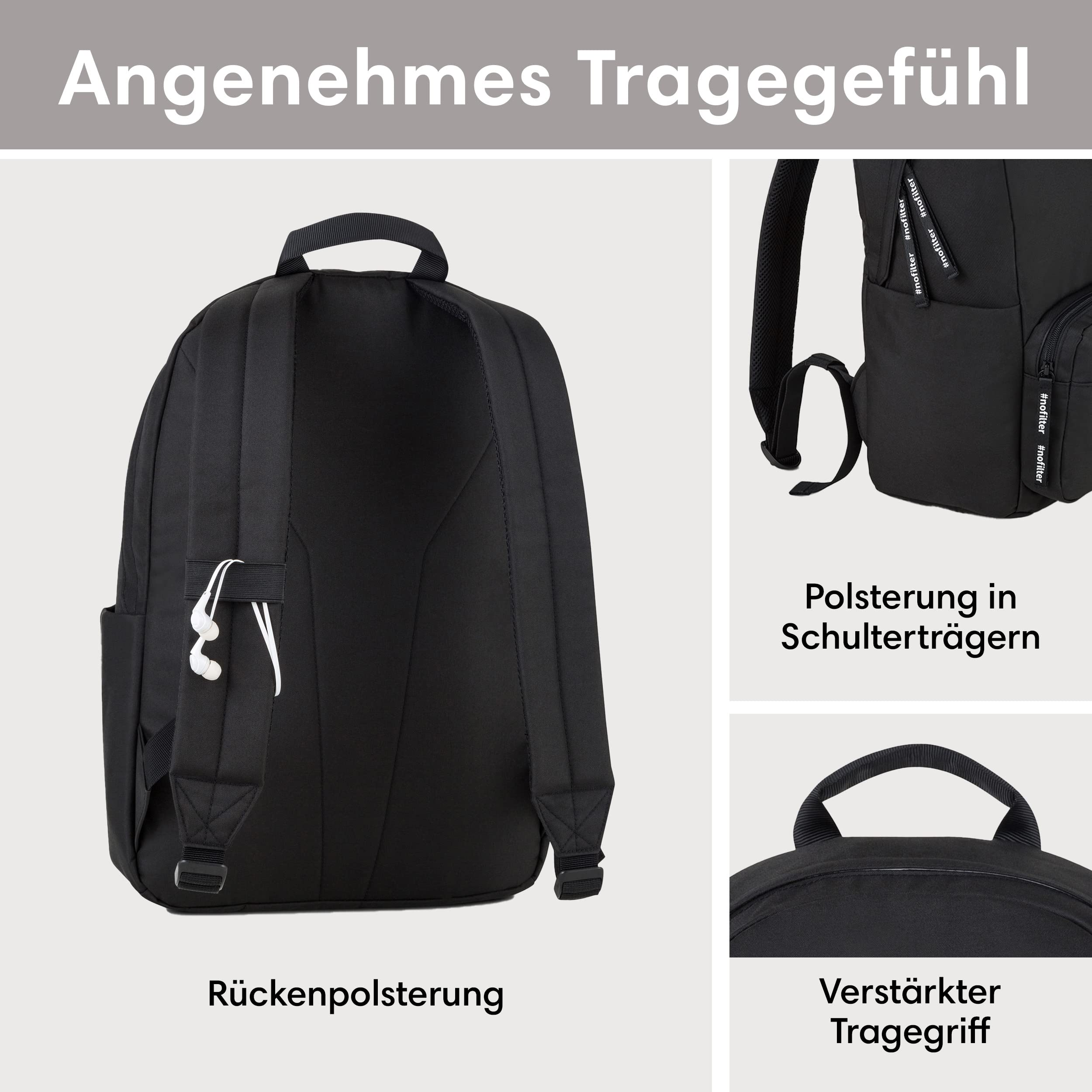 LARKSON Schulrucksack Mädchen Jungen Teenager Schwarz 16" Laptopfach Polyester Wasserabweisend