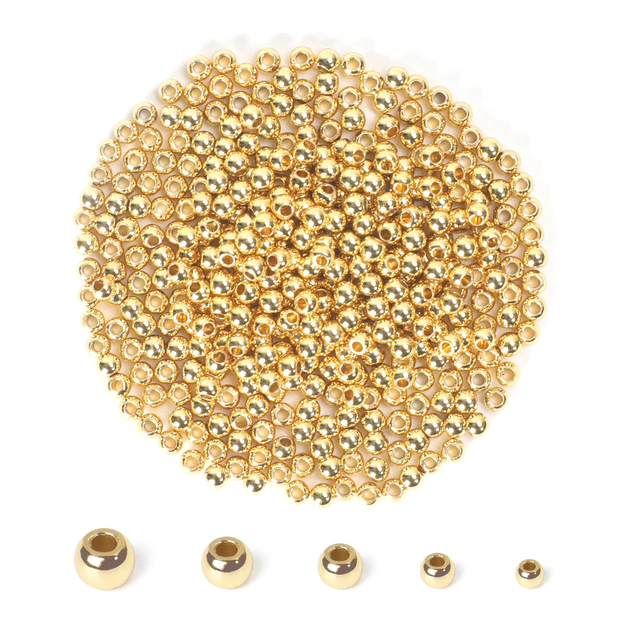 iCoudy 400 Pcs Mix 18K Gold Filled Spacer Beads (2/3/4/5/6mm, 5 Size) for Jewelry Making, DIY Bracelet, Necklace, Earring, Bulk Supply