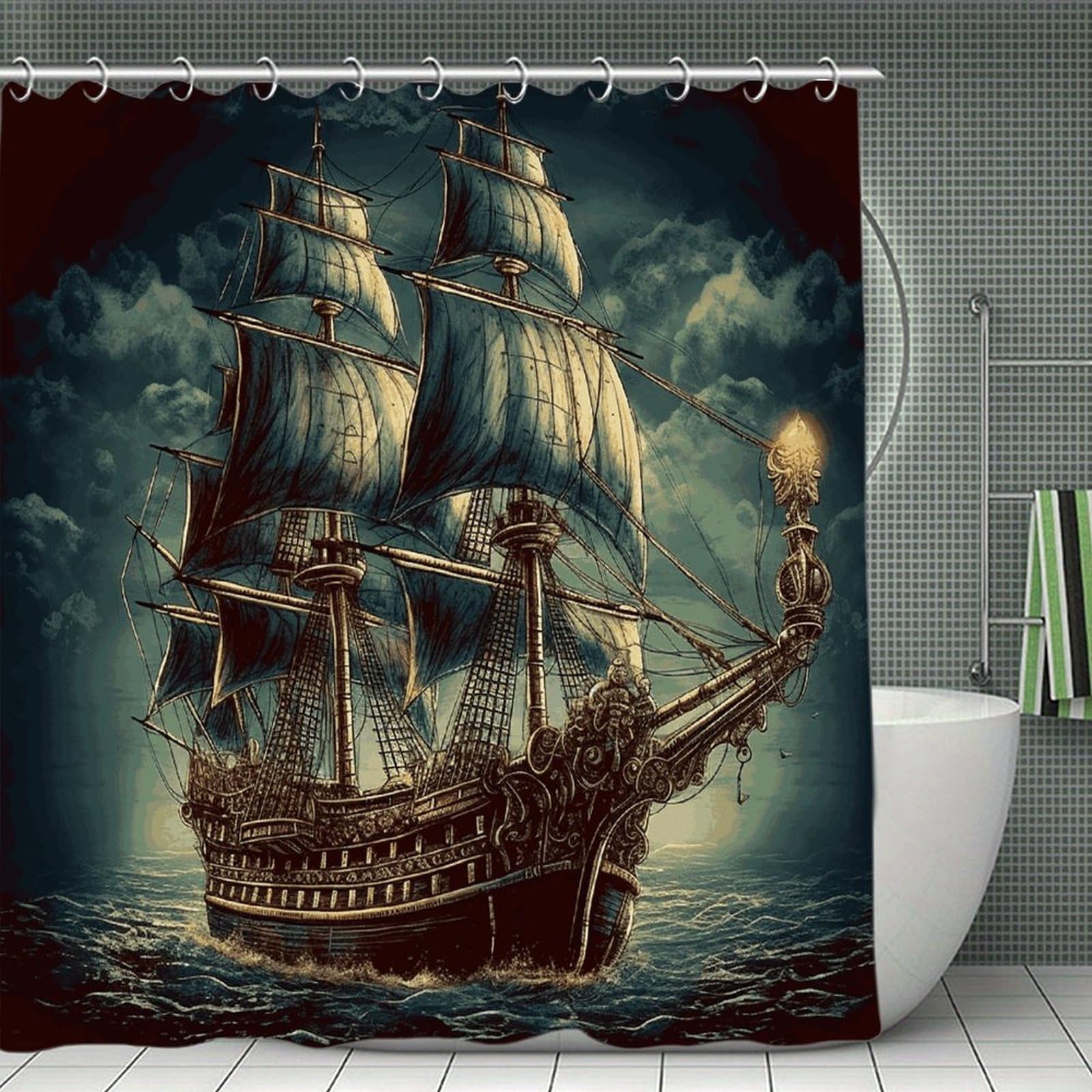 VstaDank Nautical Vintage Sailing Pirate Ship Bath Curtain Elegant Heavy Duty Shower Curtains 70x70 in Rustic Farmhouse Cloth Shower Curtains Neutral Modern Bath Curtain for Bathroom