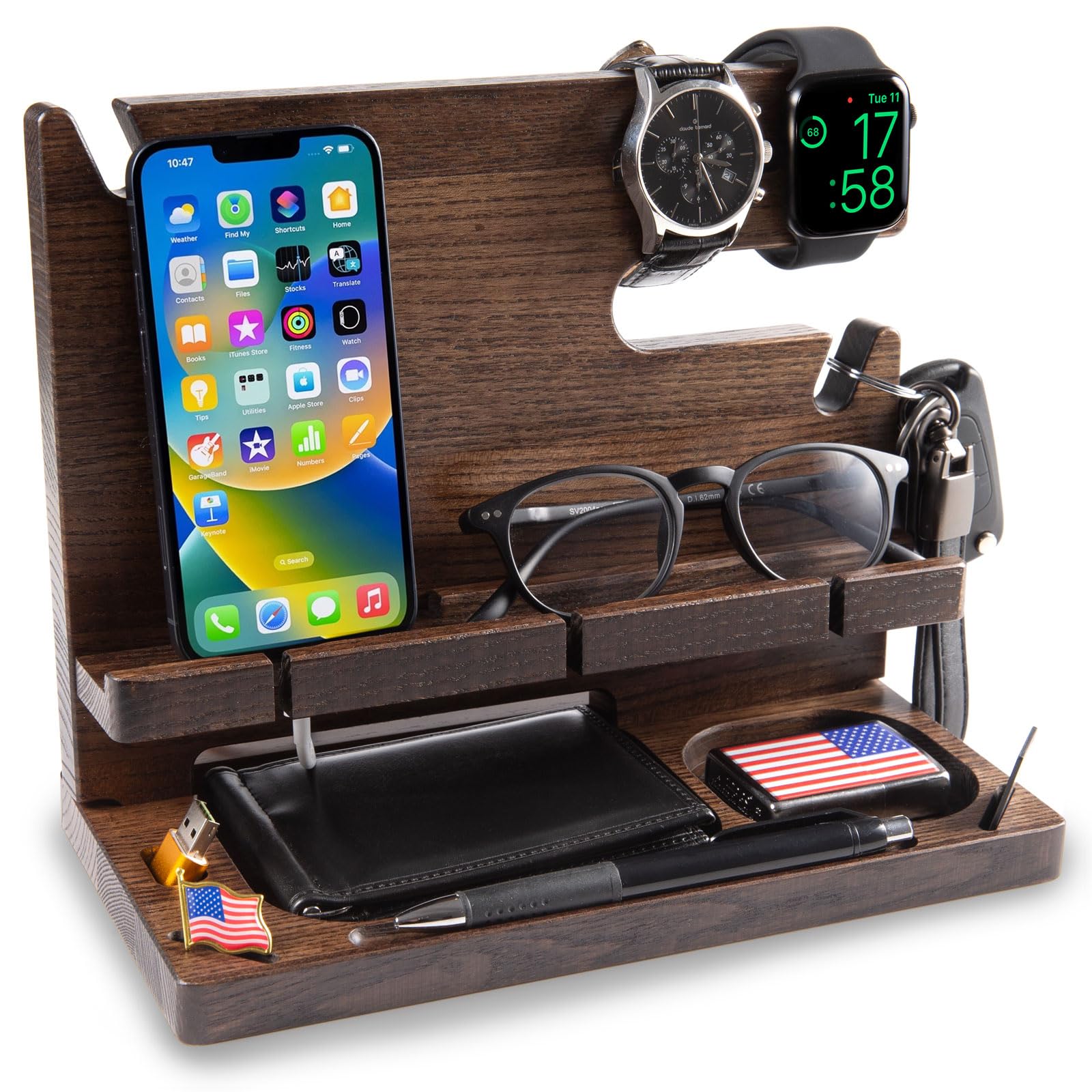 GRETAOTO Wooden Docking Station for Cell Phone, Smartphone, Tablet, Wallet, Gadgets, Watch, Keys, Accessories, Essentials, Desk Organiser, Nightstand, Gifts for Men (Deep Brown)