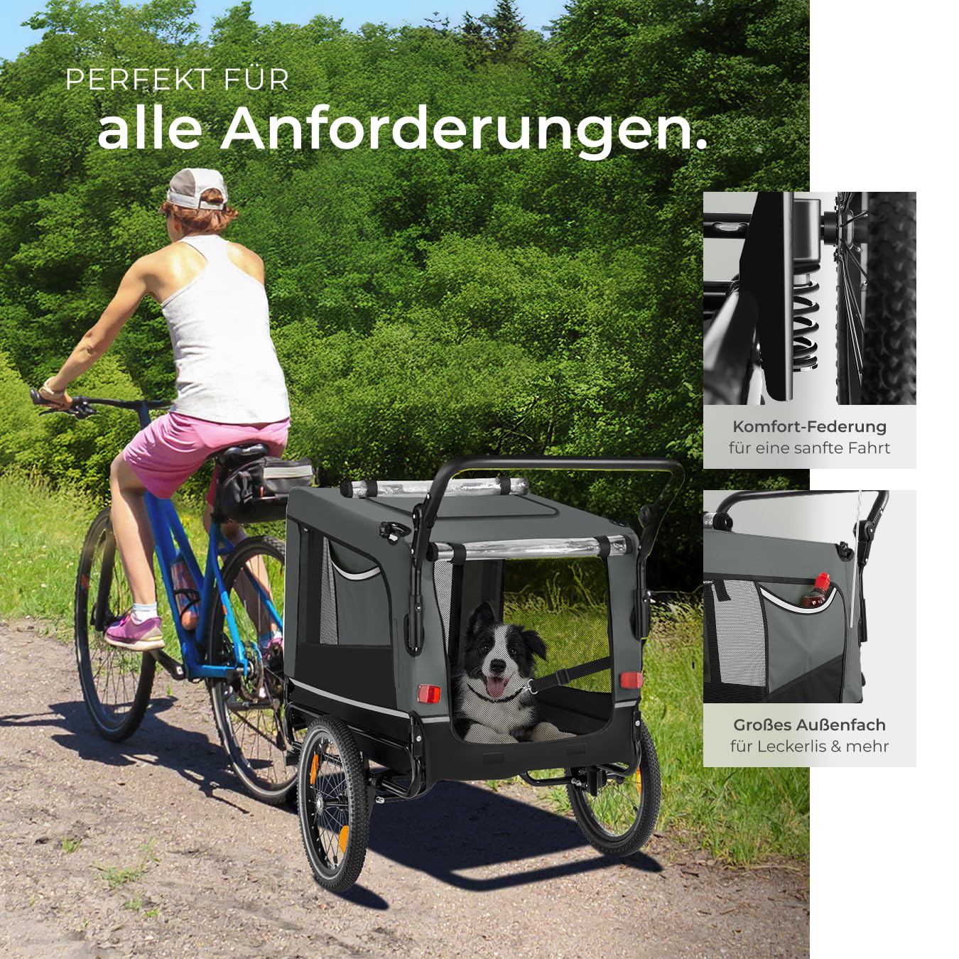tectake® Fahrradanhänger multifunktional - als Hunde Anhänger Wagen für Fahrrad und e Bike, Jogger oder Buggy, Belastbarkeit bis 40kg, faltbar, schneller Umbau, inkl. Sicherheits Zubehör