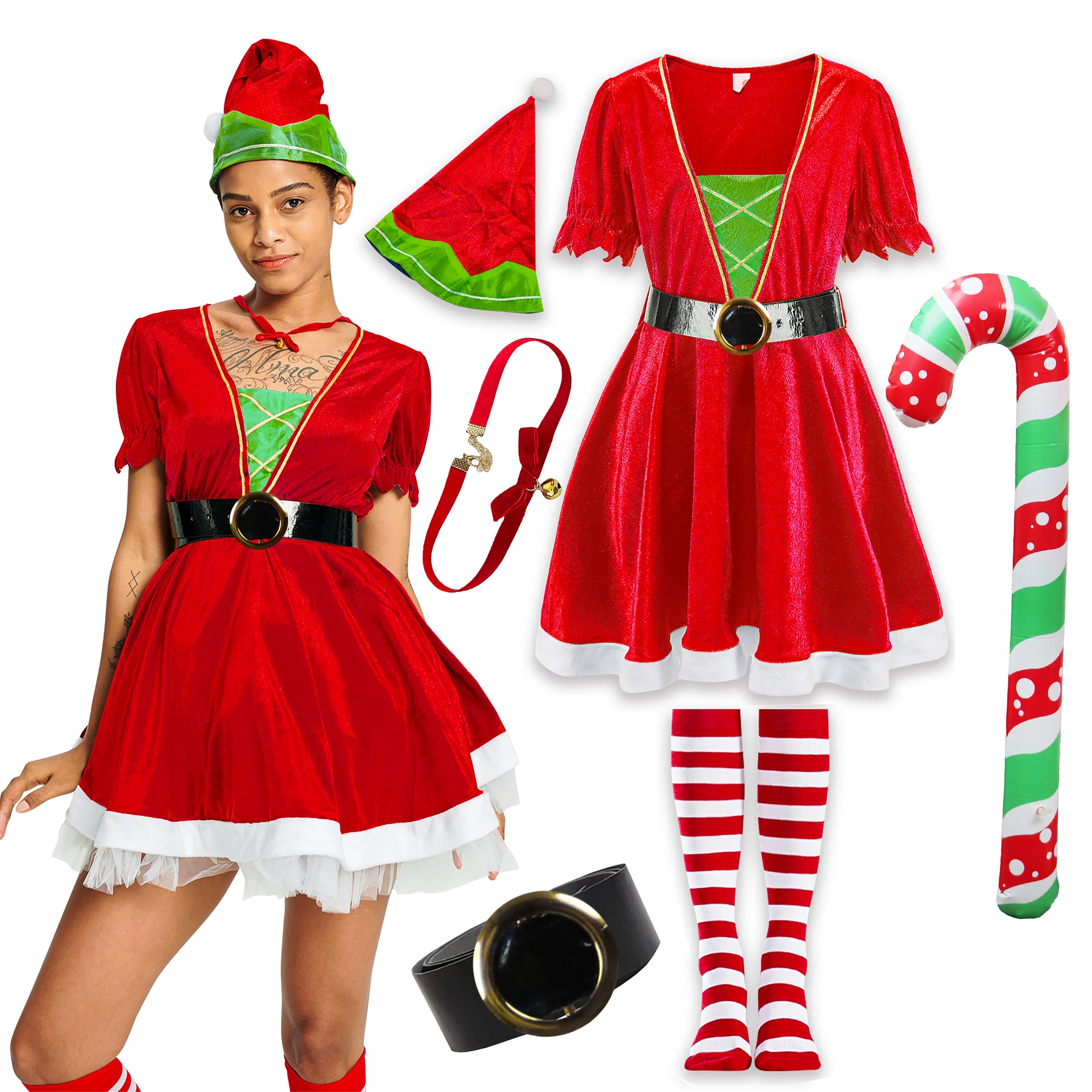 IKALIWomen's Christmas Costume Santa Elf Costume Role Play Party Gift Adult Costume Outfit with Hat Belt Sock Necklace S-XL
