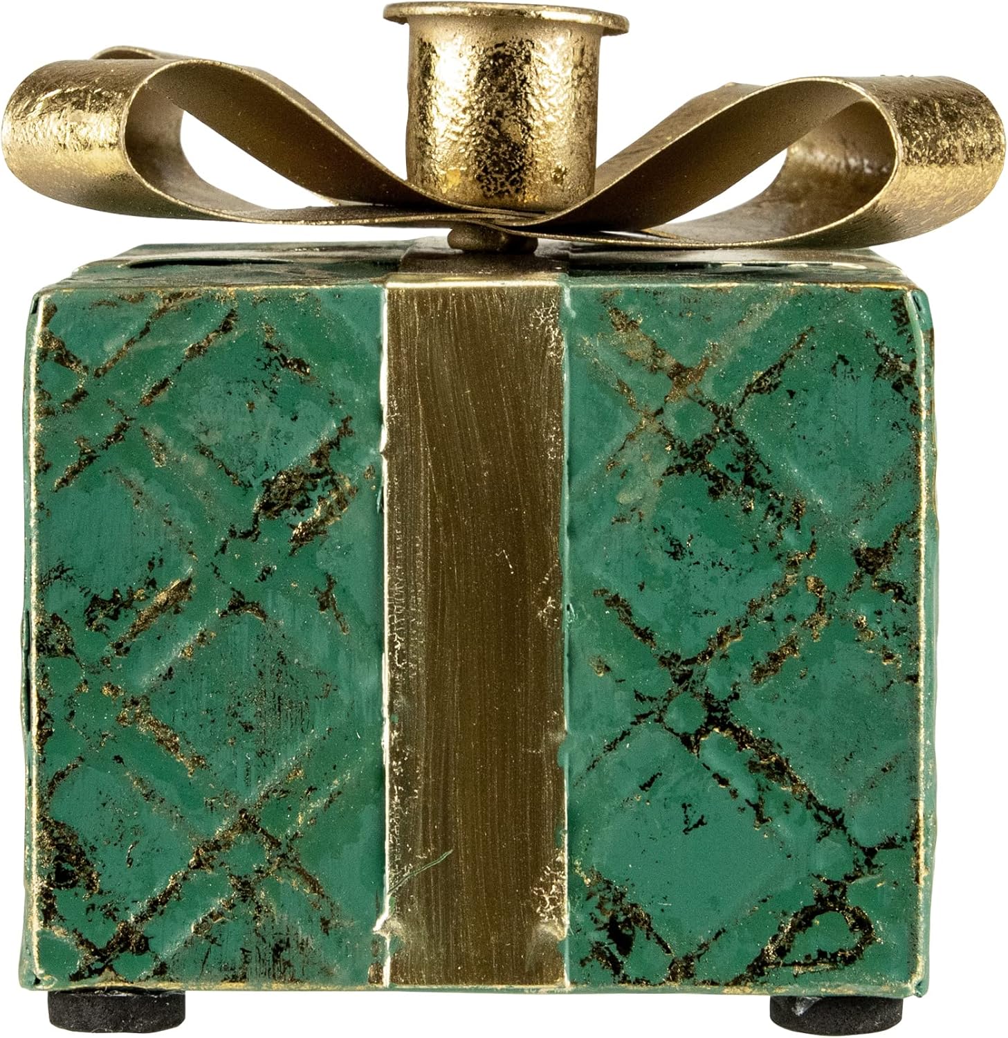 4.5" Green Metal Gift Box Christmas Taper Candle Holder