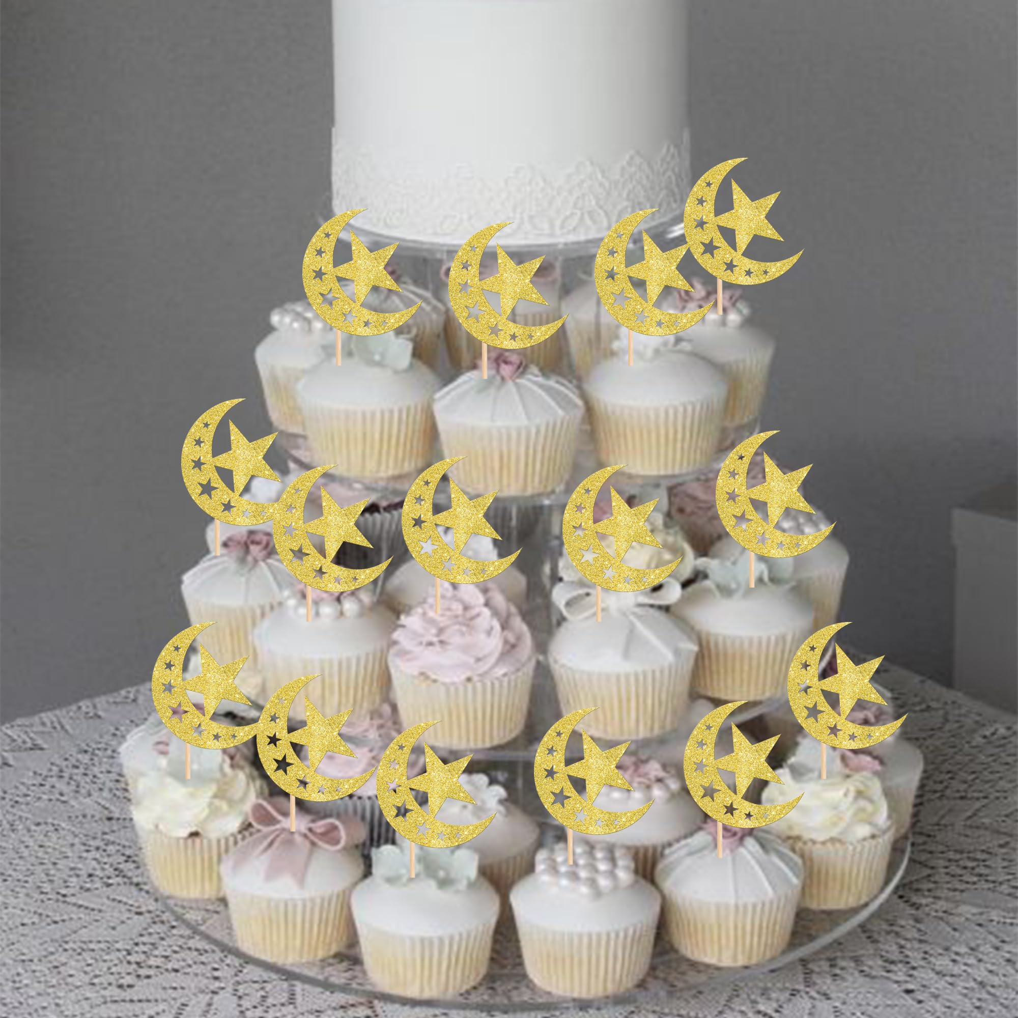 SYKYCTCY 24 Pack Moon and Star Eid Mubarak Cupcake Toppers Glitter Star Ramadan Kareem Cupcake Pick Islamic Muslim Theme Party Cake Decoration Supplies Gold - Image 4