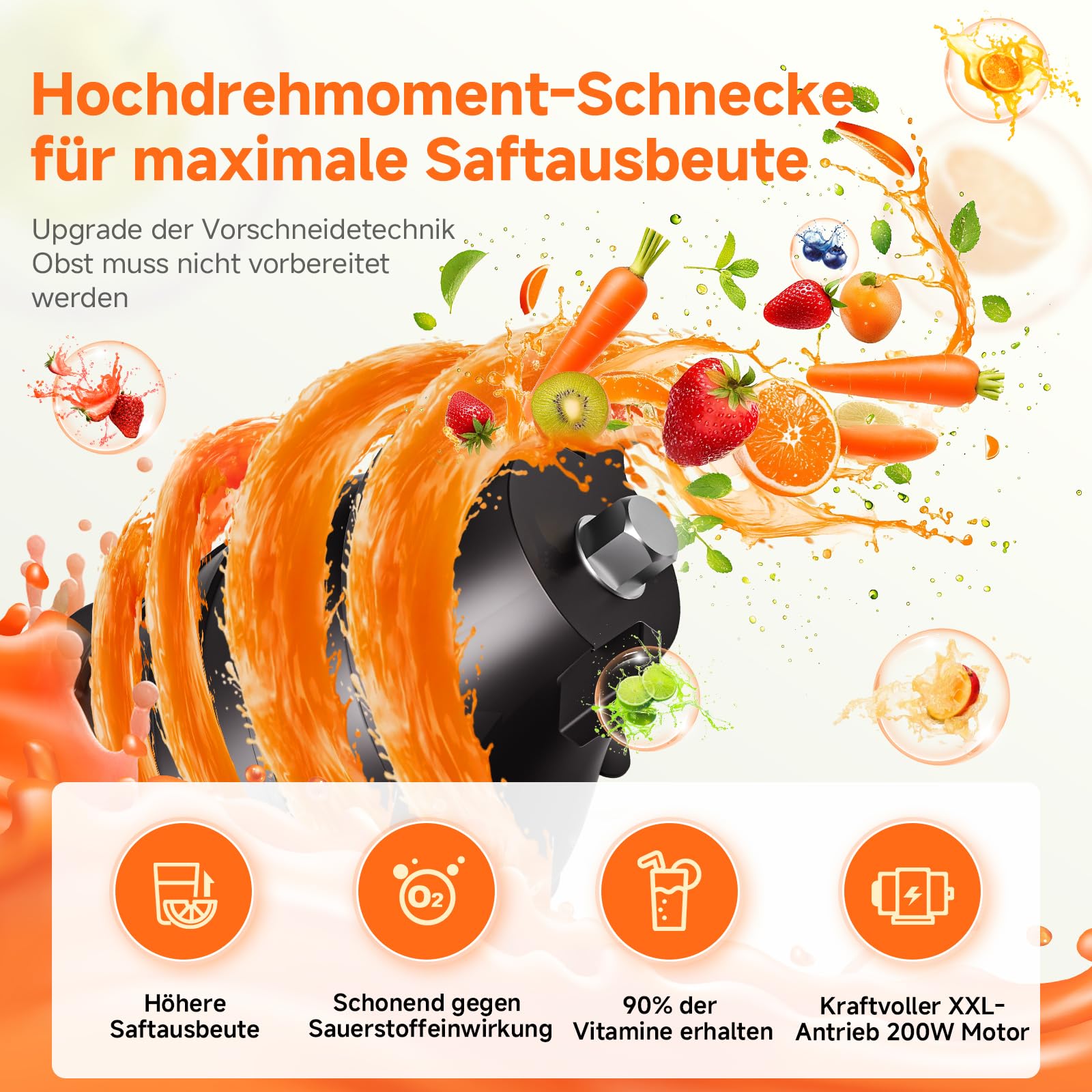 AOBOSI Slow Juicer mit 135 mm großer Einfüllöffnung, 200 W Kaltpress Entsafter mit Rückwärtslauf & Dreifachfilter, BPA-frei & leise, ideal für frischen Saft aus Obst und Gemüse